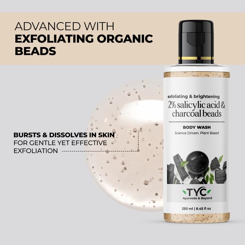 TYC - TRUST YOUR CHOICE Charcoal Body Wash with 2% Salicylic Acid & Exfoliating Beads for Deep Cleansing, Skin Brightening & Acne Treatment - Vegan & Cruelty-Free - 250ml - Perfect for Daily Shower & Post-Workout Skincare