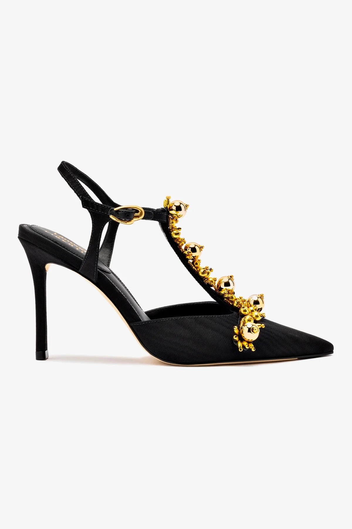 Larroudé x Libertine Black Fabric Pump with Golden Balls - Elegant Women's Heels for Parties, Weddings & Evening Events
