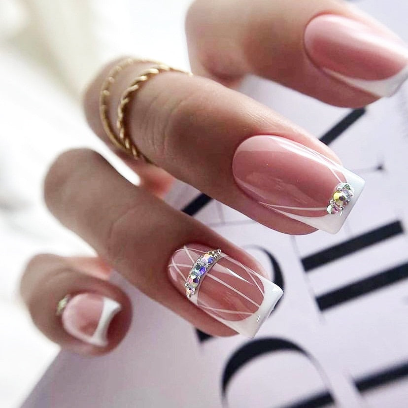 24pcs Press On Nails - Elegant Pink Gradient Glitter French Short Fake Nails, Coffin Shape Full Cover False Nails for Women | Perfect for Parties, Weddings & Everyday Wear
