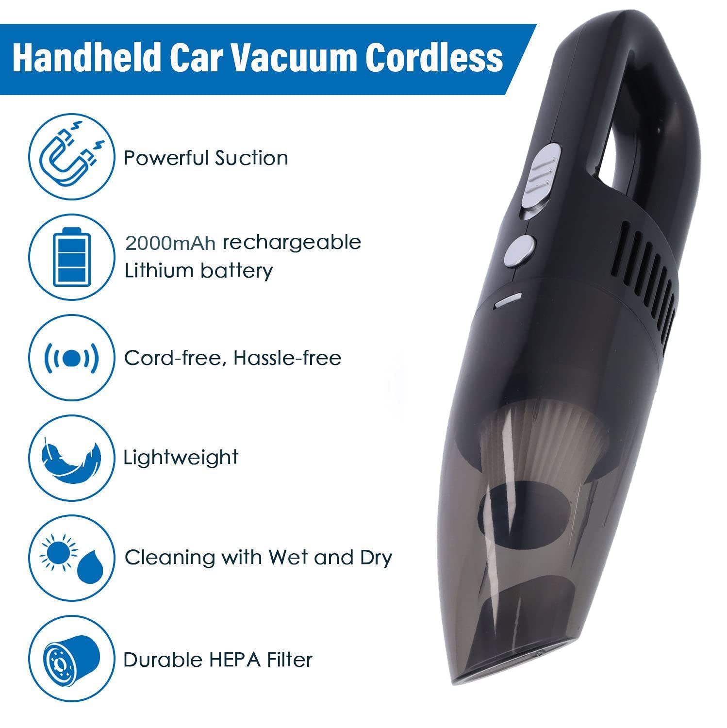 Powerful 120W/3200Pa Cordless Handheld Car Vacuum Cleaner - Wet/Dry Portable Vacuum for Home, Kitchen, Pet Hair, Office & Auto Detailing | Ideal for Car Interiors, Upholstery Cleaning & Quick Spill Cleanup (Black)