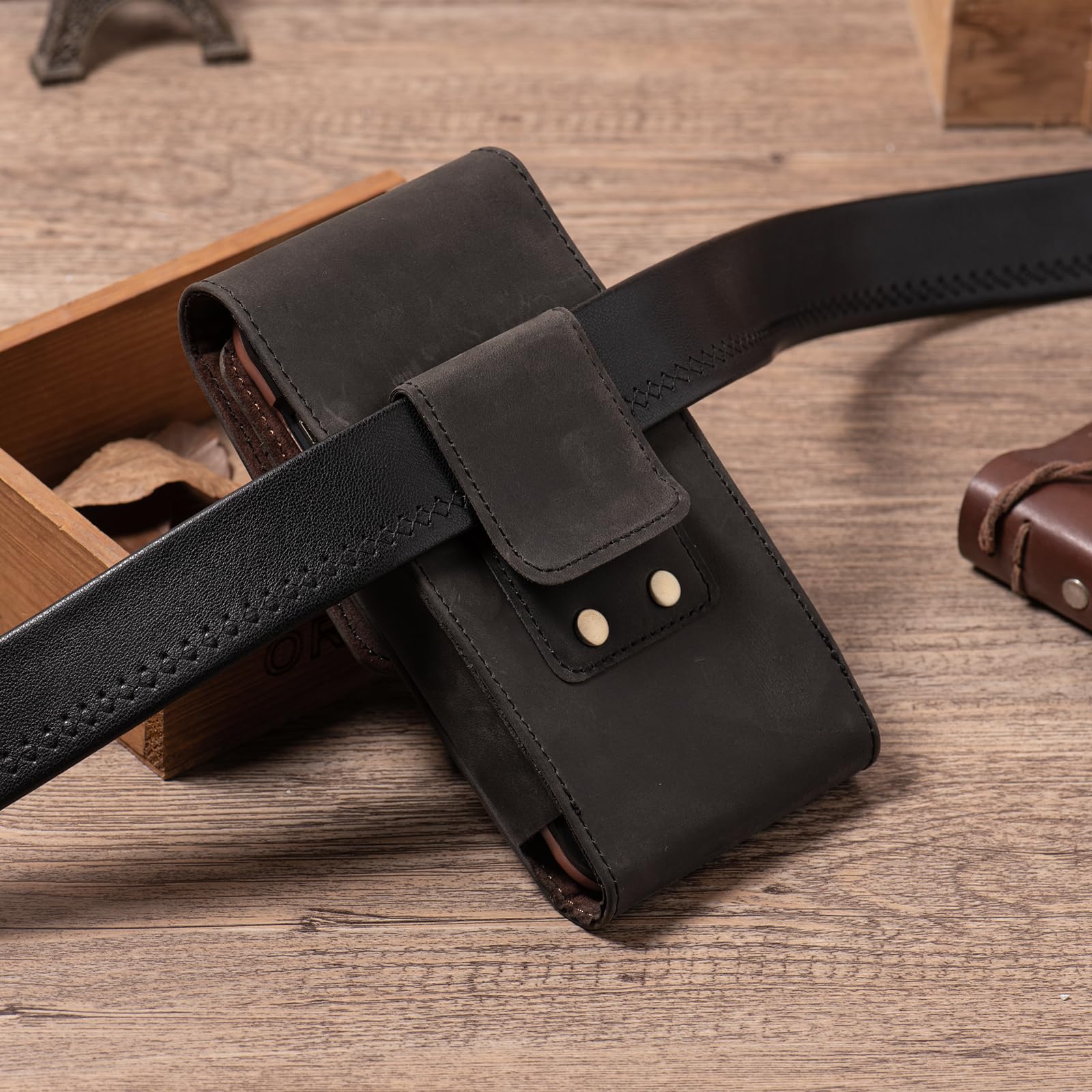 Genuine Leather Phone Holster for iPhone 16/15/14/13/12 Pro Max & Samsung Galaxy S24/S25 Ultra - Belt Pouch Case with Clip & Card Slot (Grey) | Perfect for Work, Travel & Outdoor Activities