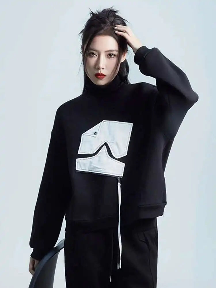 Black Pattern Zipper Thick Sweatshirt for Women | Turtleneck Long Sleeve Pullover | Plus Size Fashion Hoodie | 2025 Spring & Autumn Collection | Perfect for Casual Wear, Layering & Outdoor Activities