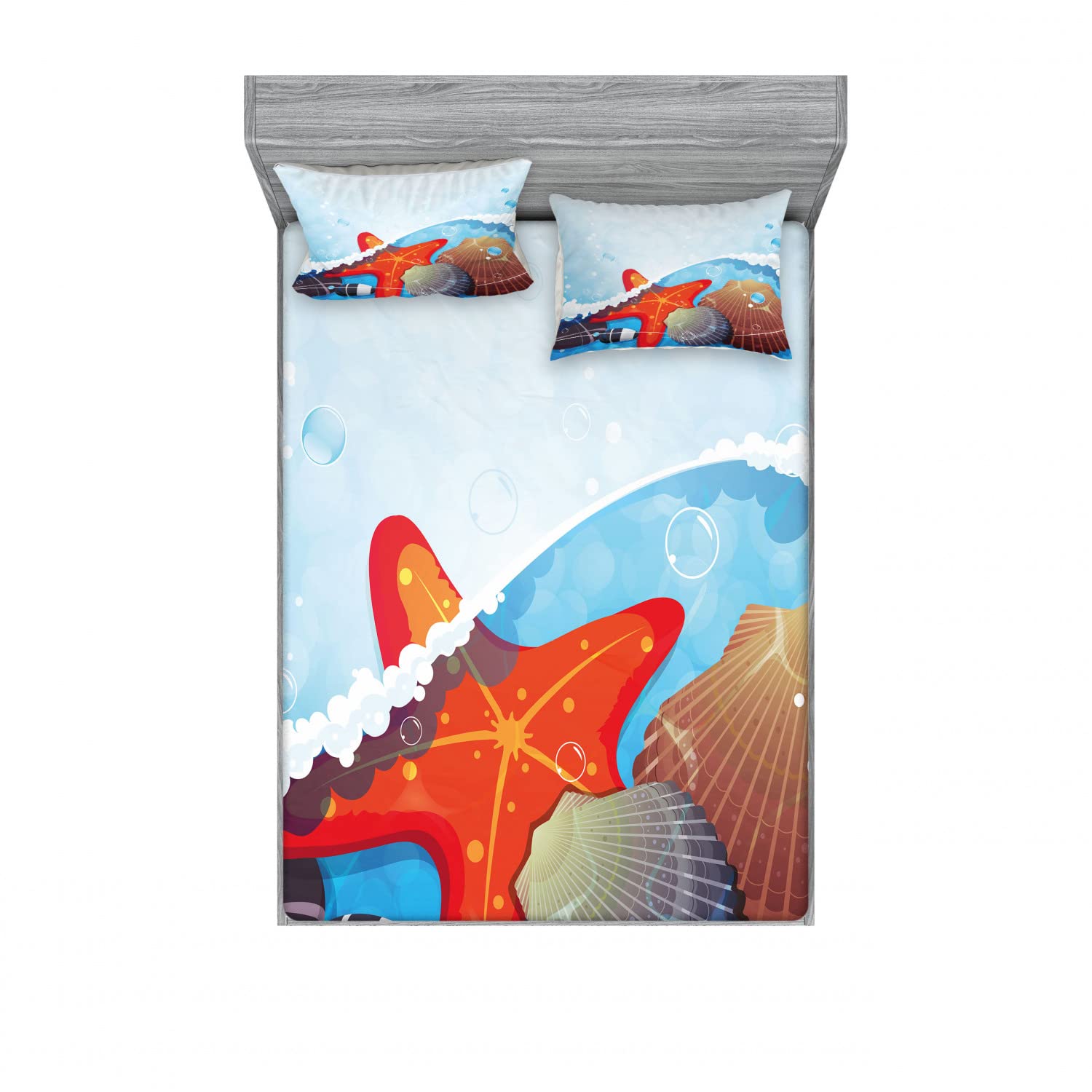 Ambesonne Starfish 2-Pack Queen Size Fitted Sheet Set with 4 Pillow Shams - Foaming Ocean Multicolor Beach Theme Bedding - Perfect for Coastal Decor, Guest Rooms & Vacation Homes