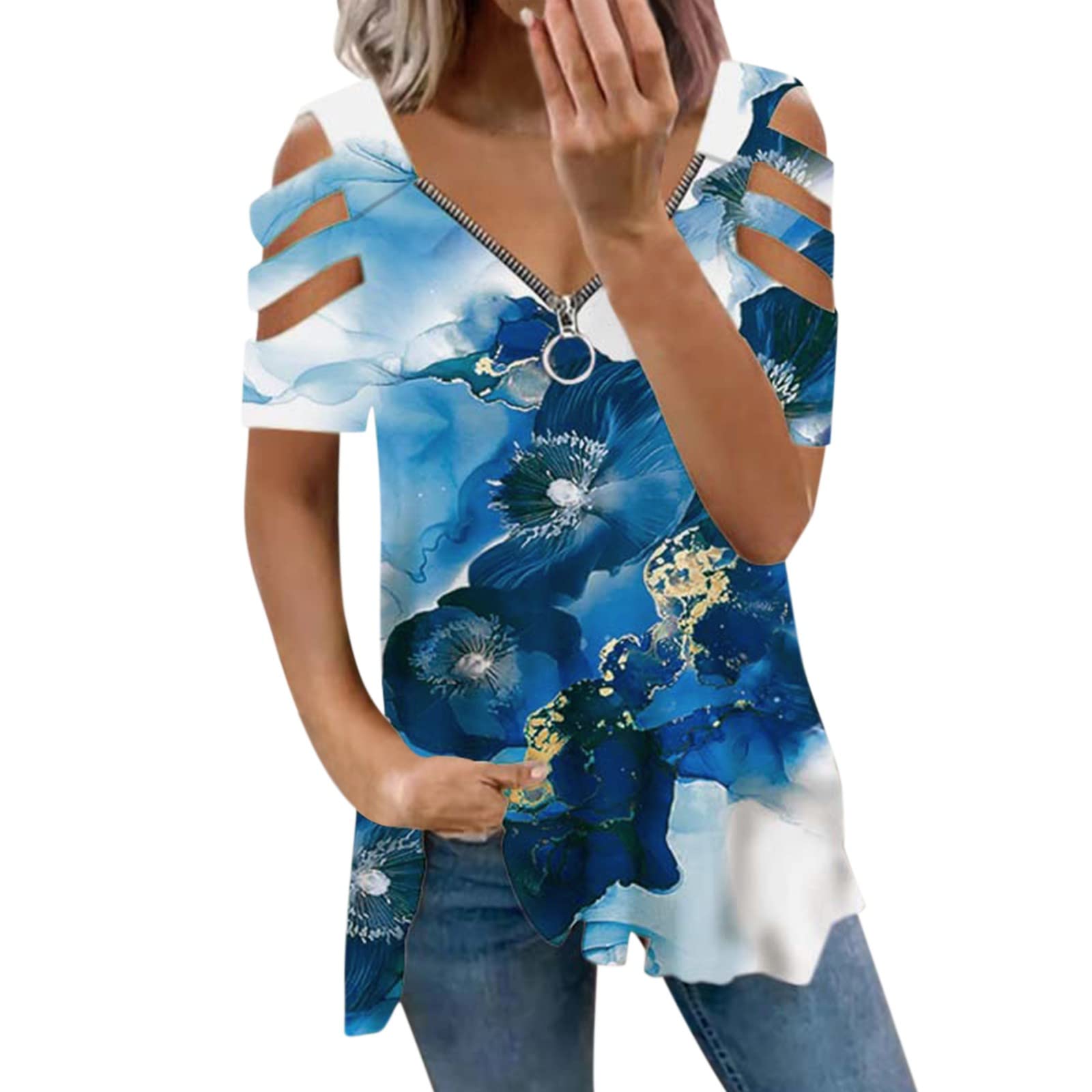 Women's Long Sleeve Cold Shoulder Tunic Top - Floral V-Neck Blouse for Casual Fall Wear | Perfect for Office, Dating & Weekend Outfits