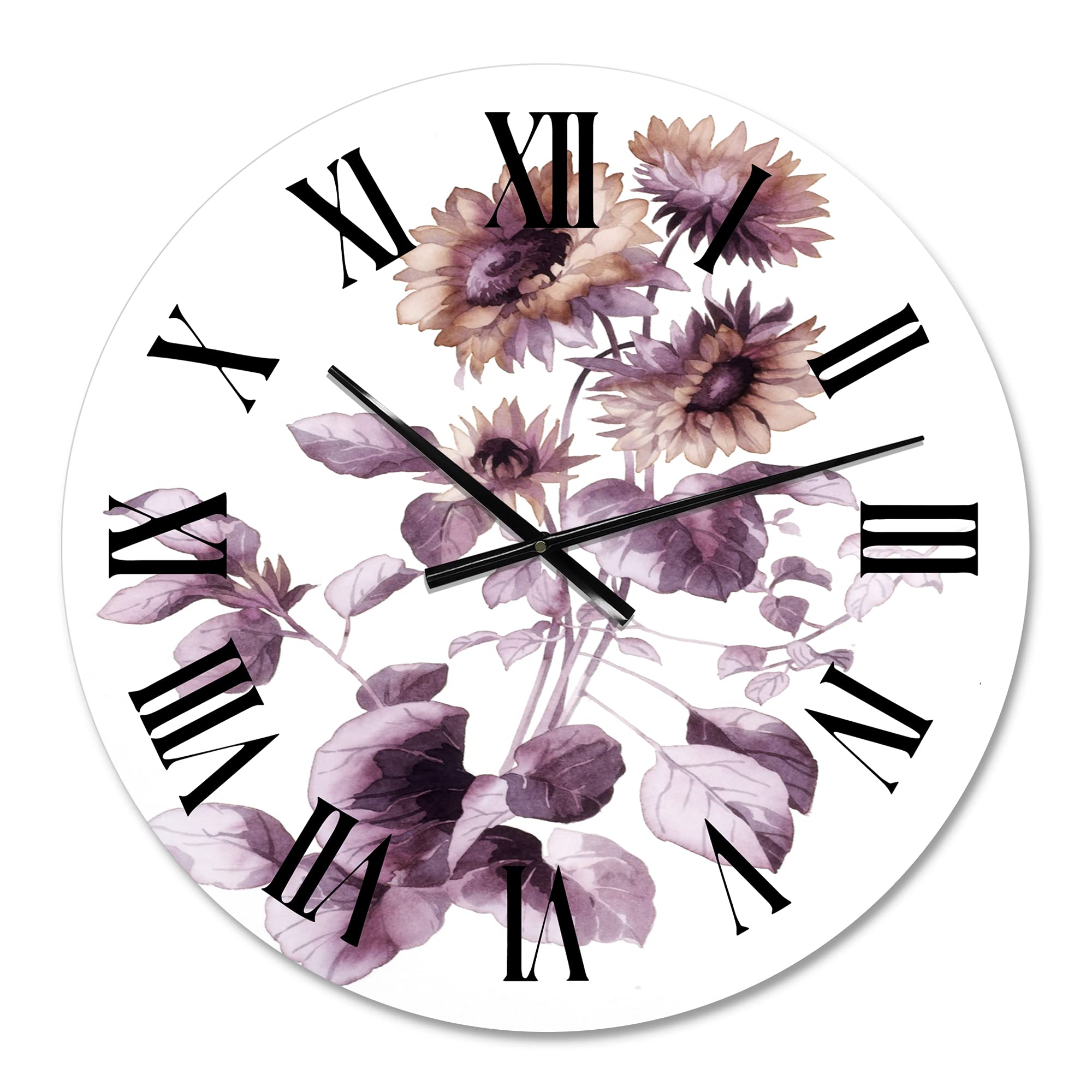DesignQ Traditional Wall Clock 'Purple Wildflowers III' - Large Floral Botanical Wall Clock for Home, Office & Living Room Decor - Perfect for Farmhouse, Bedroom & Kitchen Wall Décor