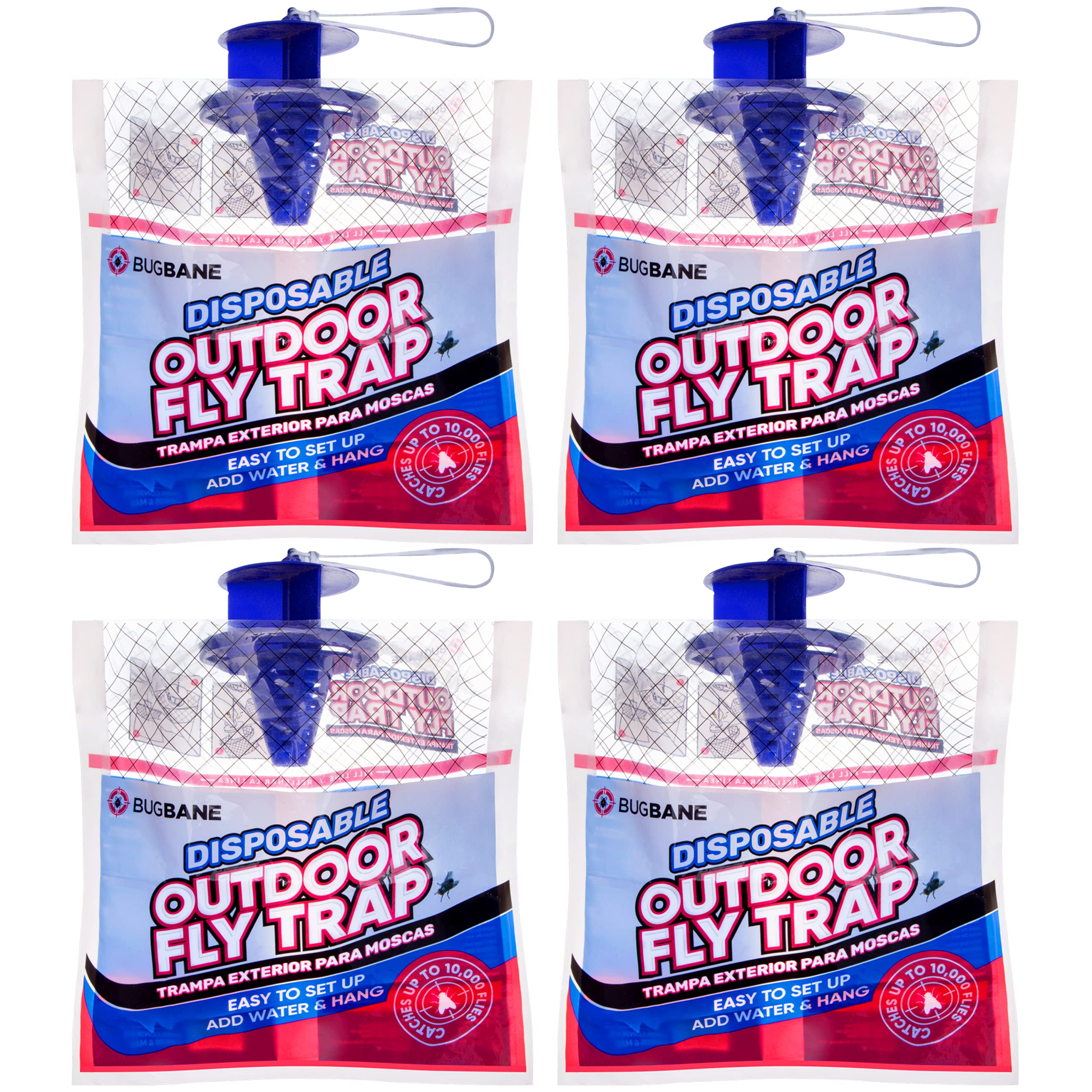 Non-Toxic Outdoor Fly Traps - 4 Pre-Baited Disposable Hanging Fly Catchers for Patio, Yard & Horse Ranch | Effective Bug Control for Filth Flies | Ideal for Outdoor Use Near Trash Cans & Animal Areas