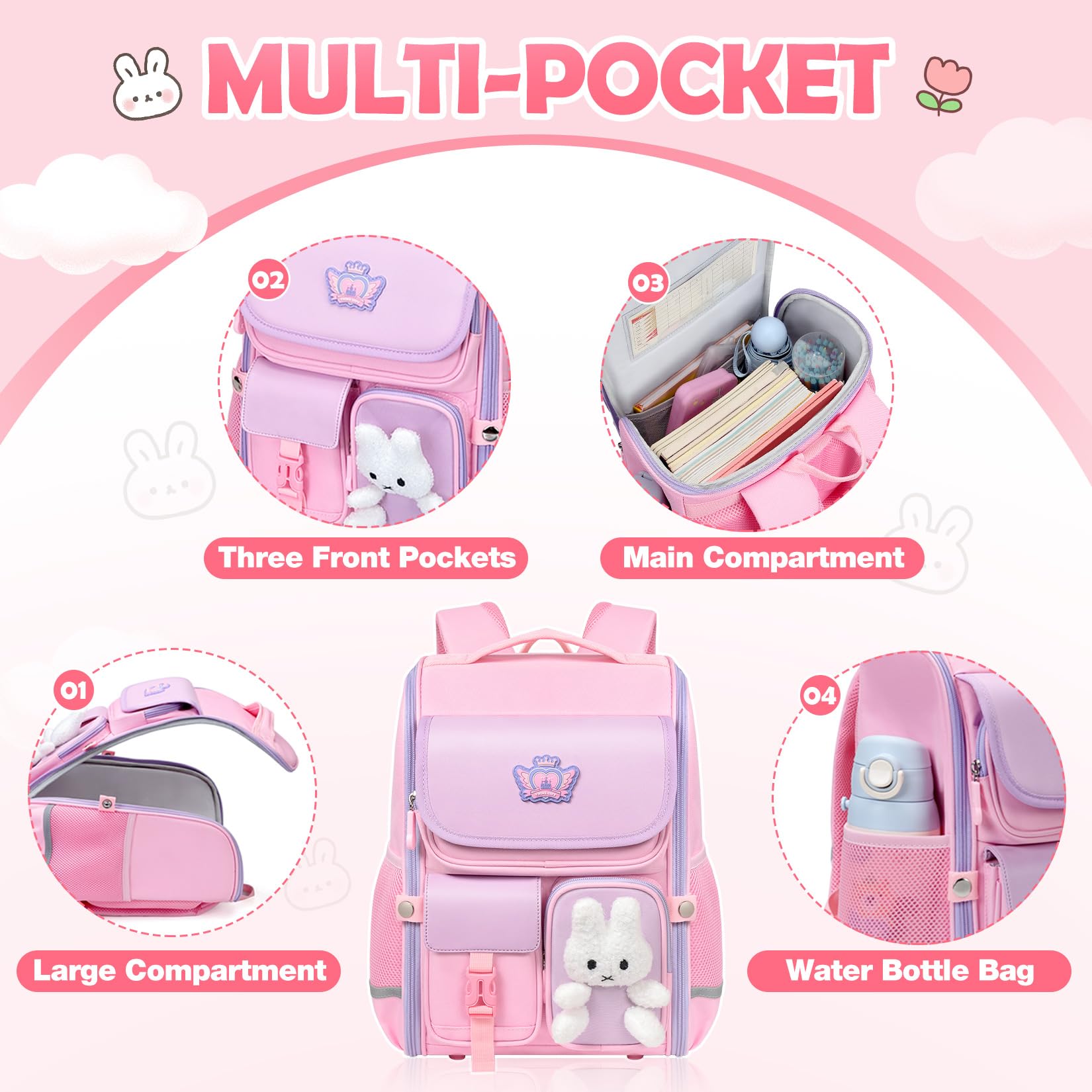 Cute Pink Girls Backpack for School - Large Capacity Waterproof Travel Bookbag for Elementary Kids Aged 6-12 | Perfect for Daily Use, Classroom, Outdoor Activities & Weekend Trips