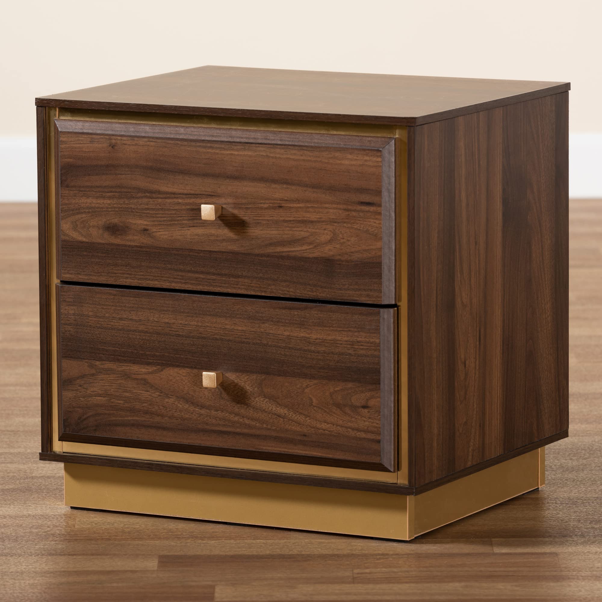 Baxton Studio Cormac Nightstands - Walnut Brown & Gold Finish, Modern Bedside Tables for Bedroom, Nightstand with Drawer & Shelf - Perfect for Home Decor & Small Space Storage
