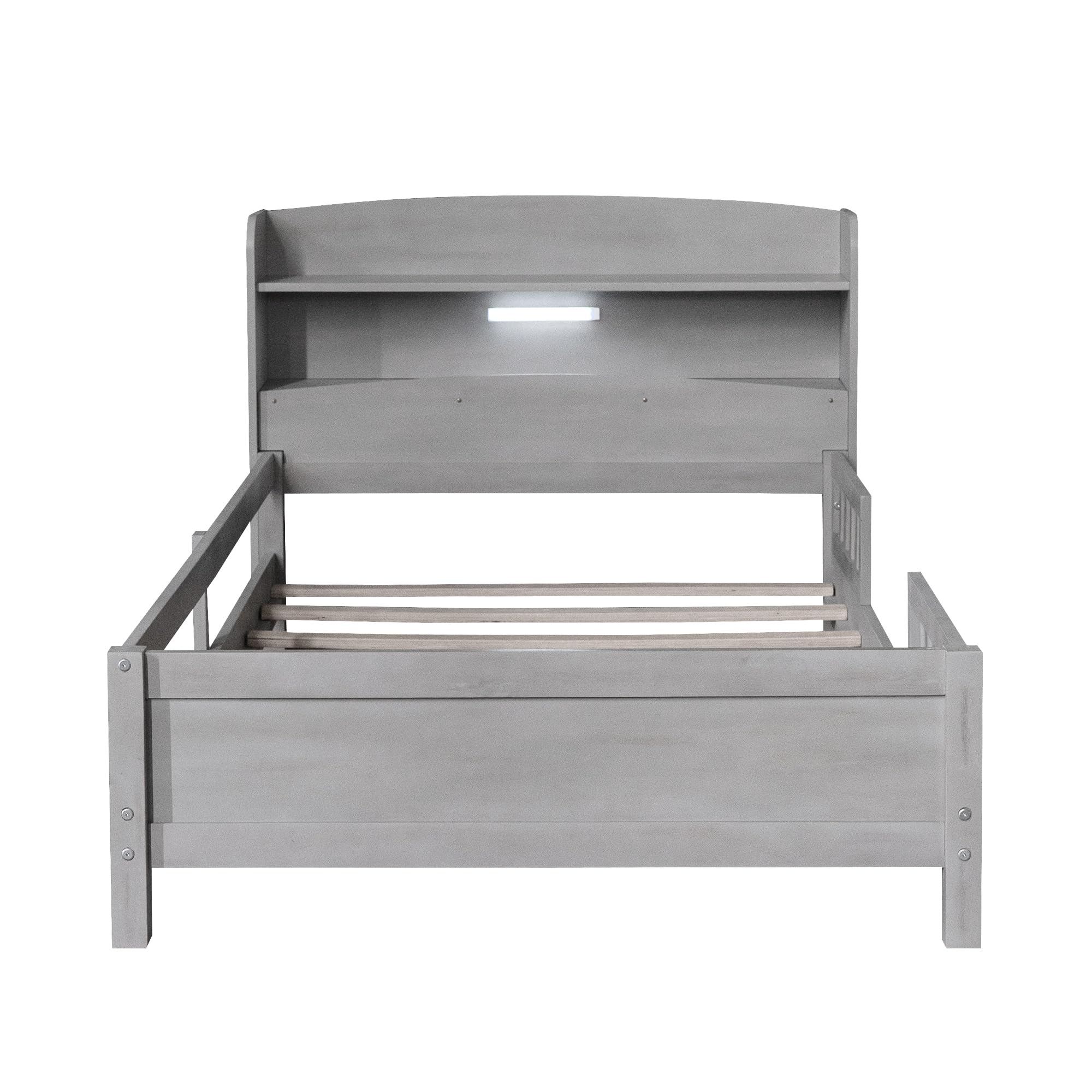 Bellemave Solid Wood Twin Bed Frame for Kids with Headboard, Footboard, Built-in LED Lights & Storage | Sturdy Gray Wooden Bed with Safety Guardrail | Perfect for Bedrooms, Daycare & Sleepovers