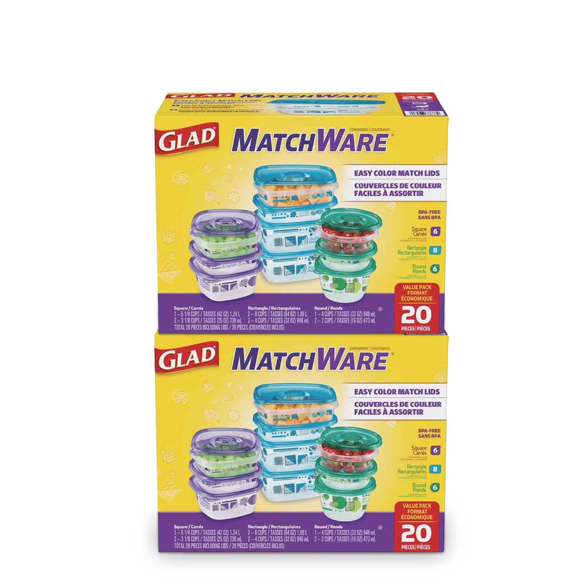 Glad GladWare Matchware BPA-Free Food Storage Containers with Easy Color Match Lids - 20-Piece Set (Pack of 2) - Airtight Lock Tight Seal for Freshness - Perfect for Meal Prep, Leftovers & Kitchen Organization