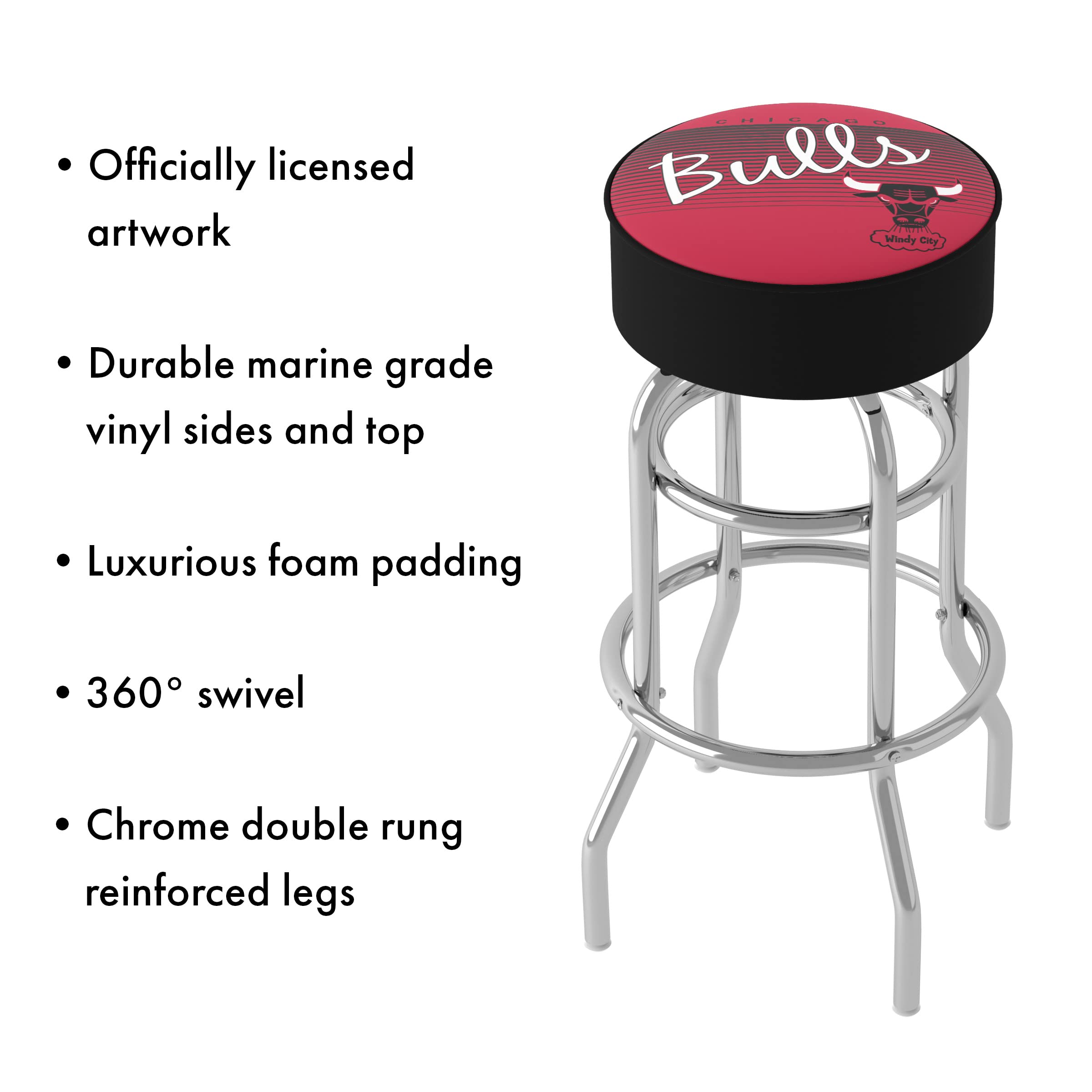 NBA Chicago Bulls Hardwood Classics Padded Swivel Bar Stool - Chrome Finish - Perfect for Game Room, Man Cave & Sports Bar Decor