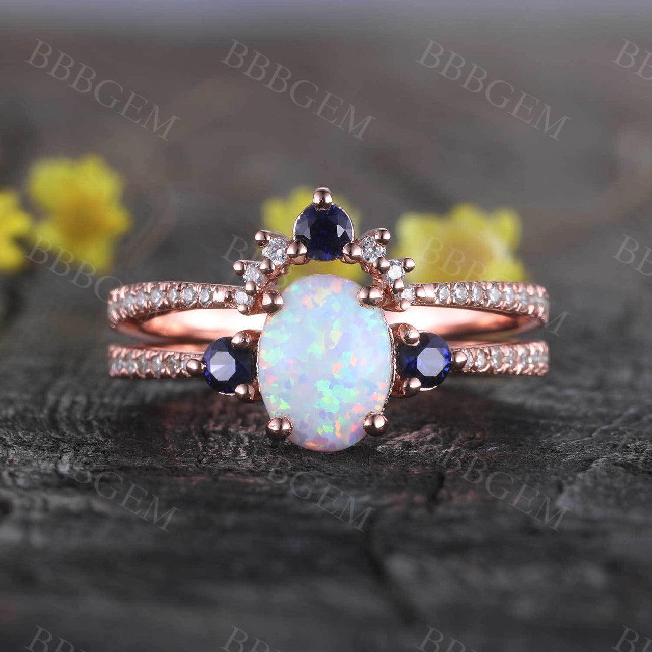 Antique Vintage Style Sapphire Opal Bridal Ring Set with Diamond Accents - Matching Wedding Band & Engagement Ring for Women - Perfect for Bridal Jewelry, Anniversary Gifts & Special Occasions