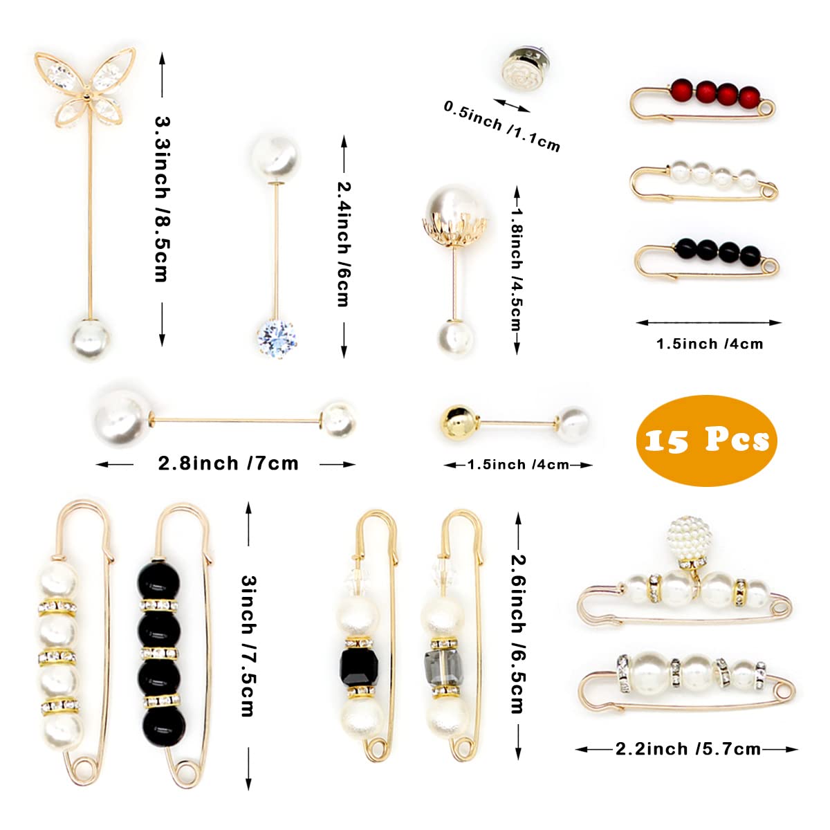 15-Piece Fashion Safety Pin Set with Faux Pearl Brooches - Heavy Duty Large Safety Pins for Women's Clothing, Dresses & Accessories - Perfect for DIY Fashion, Costume Jewelry & Outfit Decoration