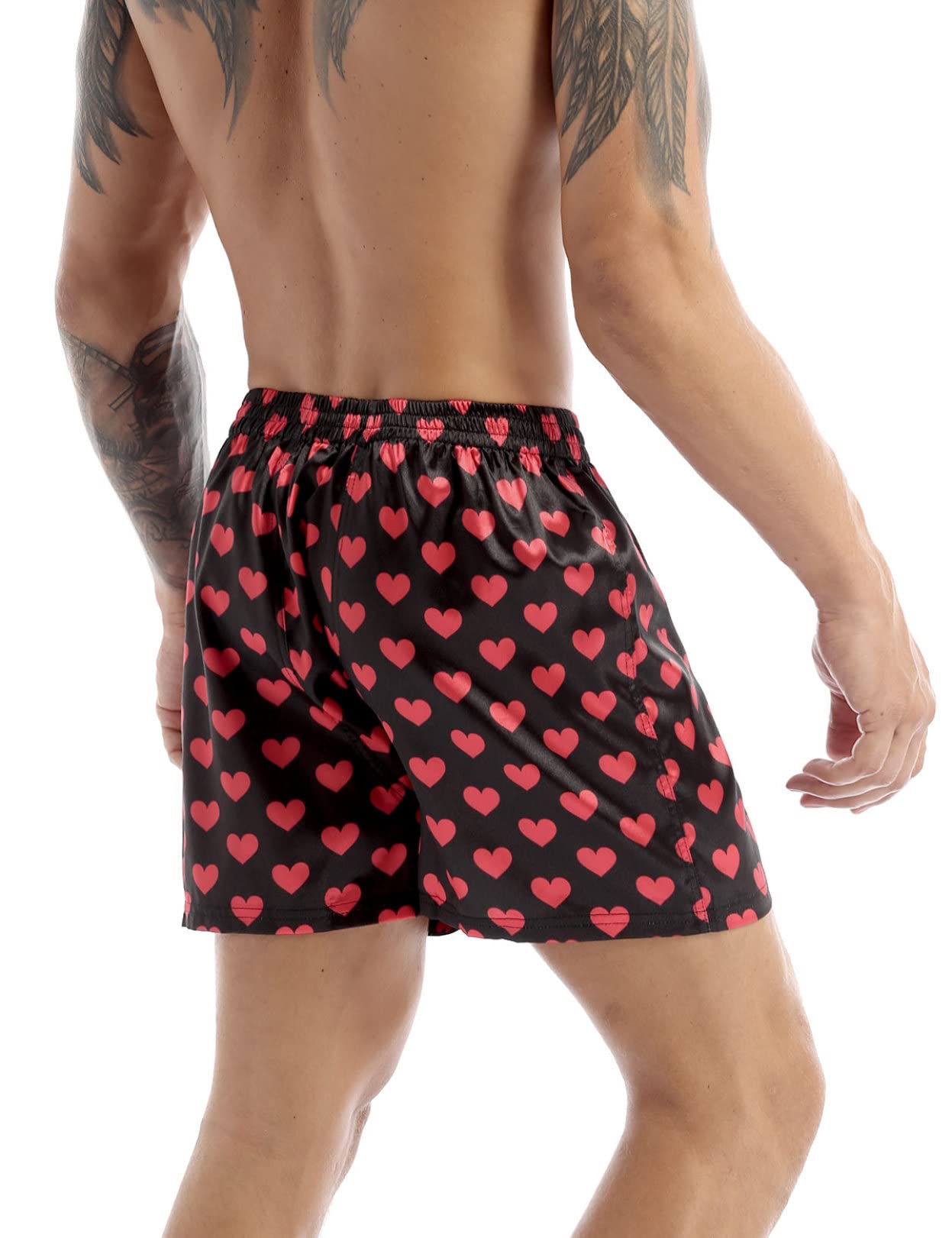 Men's Silk Satin Boxer Shorts - Heart Print Loose Fit Underwear for Sports & Lounge Wear - Comfortable Breathable Sleepwear & Casual Wear