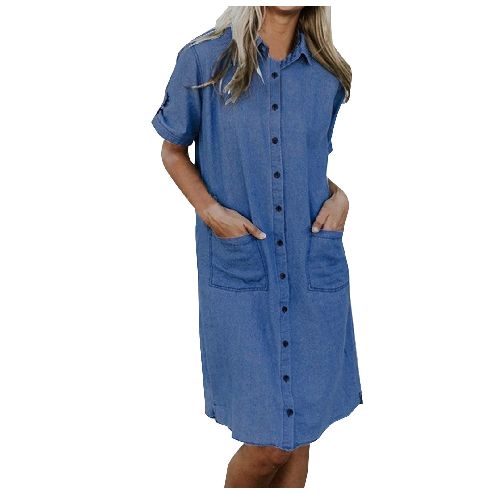 Women's Summer Denim Shirt Dress with Pockets - 3/4 Sleeve V-Neck Button Down Mini Jean Dress for Casual Outings & Beach Vacations