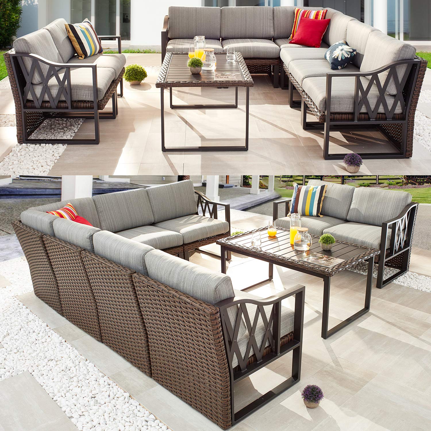 PatioFestival 9-Piece Modular Outdoor Wicker Conversation Set with Thick Olefin Cushions - Waterproof Patio Furniture Sofa for Garden, Poolside & Backyard Relaxation