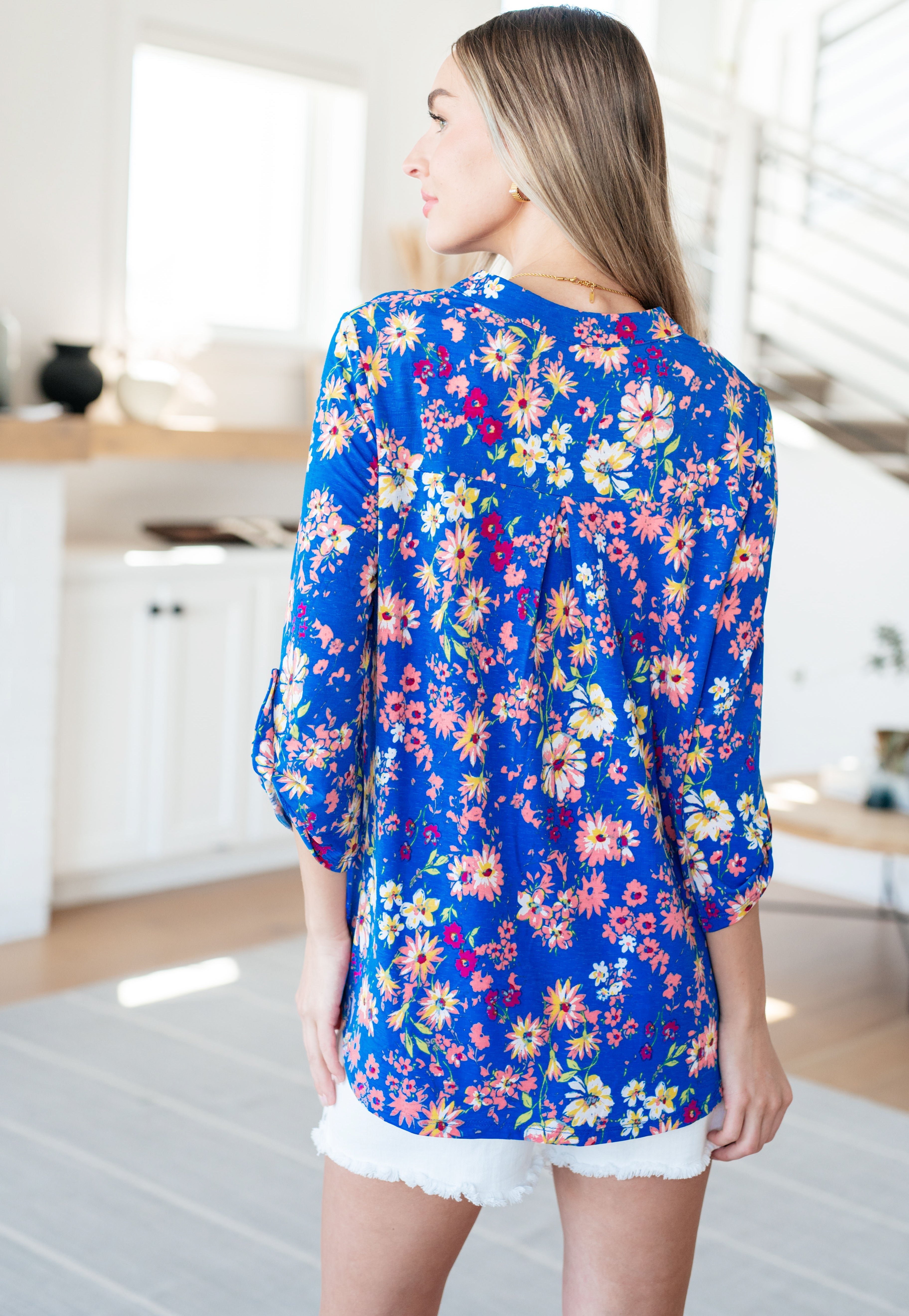 Lizzy Top - Royal & Blush Floral Print Women's Blouse | Perfect for Casual Outings, Date Nights & Spring Fashion