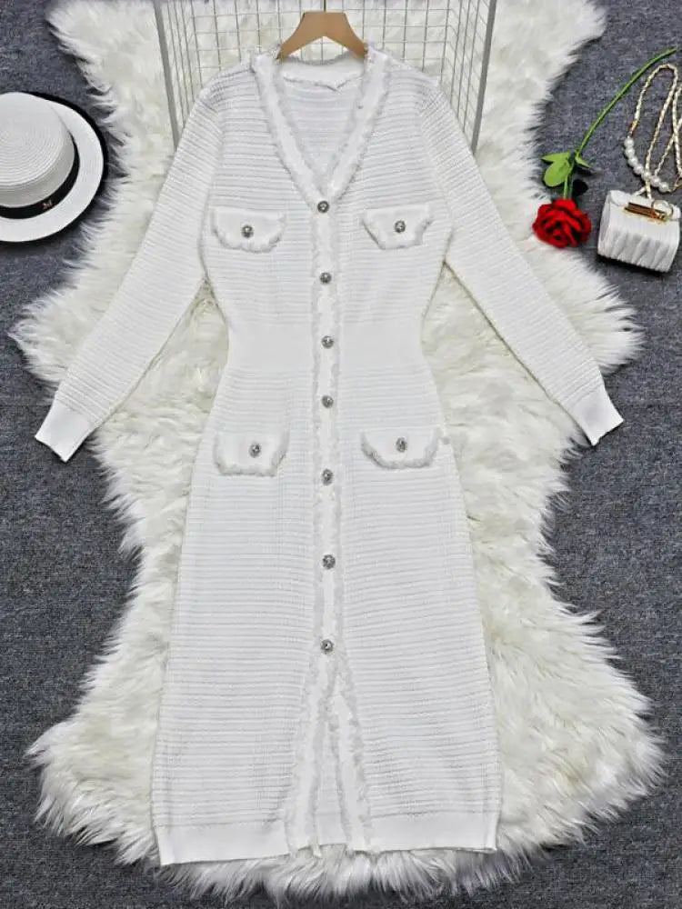 Autumn 2024 Women's Fashion White V-Neck Long Sleeve Single Breasted Knit Dress - Elegant Office Wear for Work & Formal Occasions