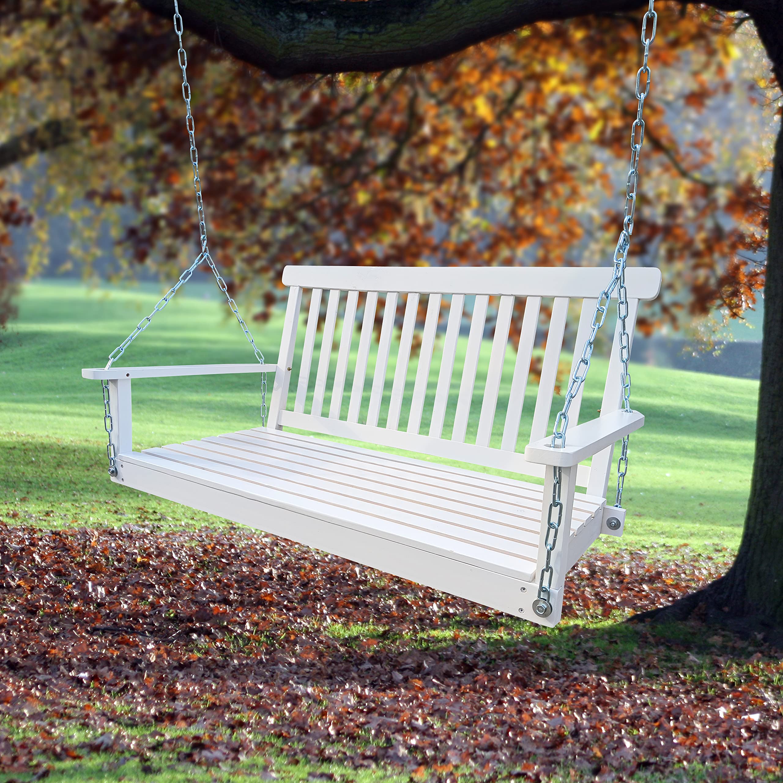 Zoyoleader Outdoor Wooden Porch Swing with Armrests - Sturdy Wood Bench Swing for Patio, Garden, Yard, Backyard or Sunroom - Easy Assembly White - Perfect for Relaxing & Lounging in Outdoor Spaces