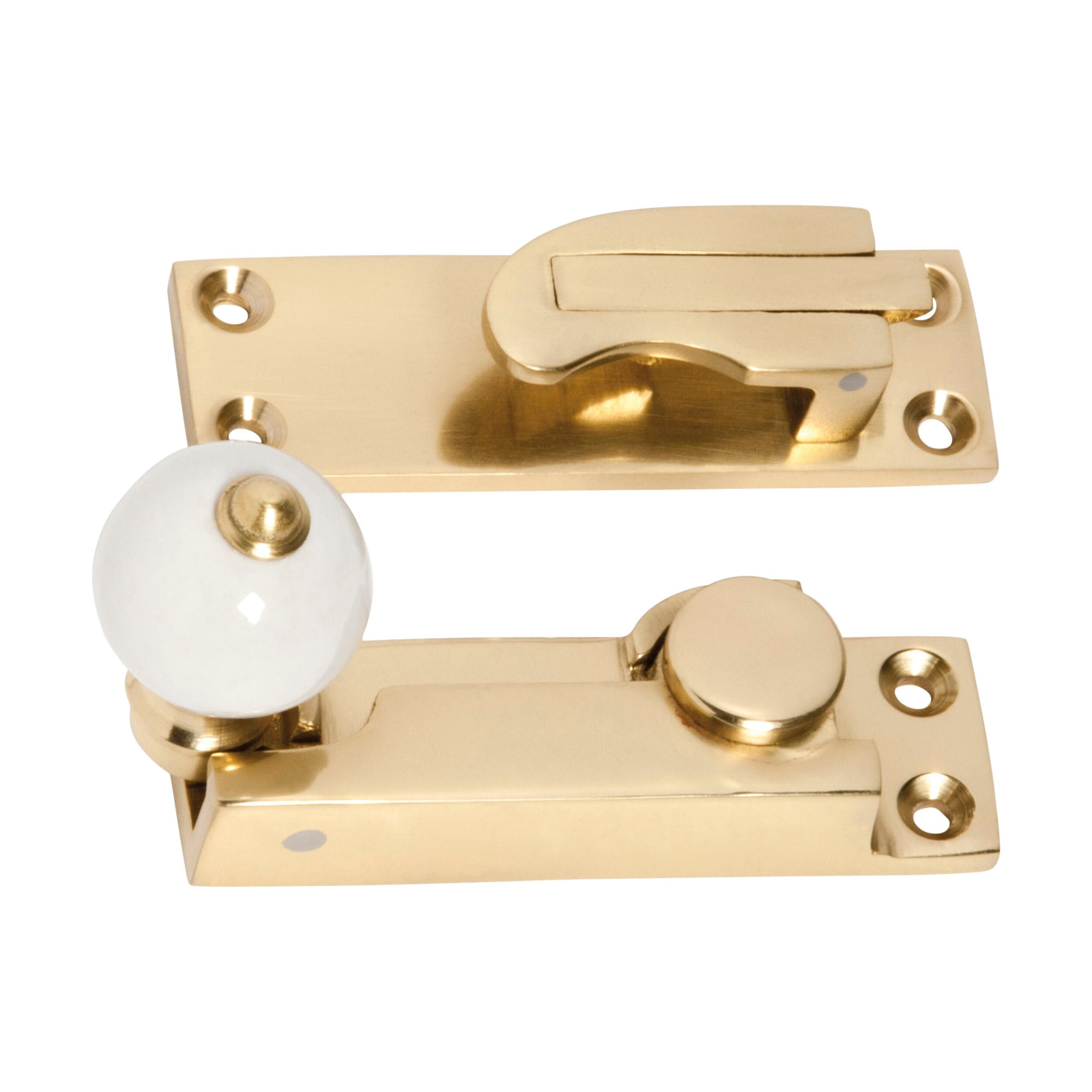 Polished Brass 1604 Sash Fastener with Porcelain Ball - 73mm x 26mm - Vintage Window Hardware for Home Restoration & Interior Design