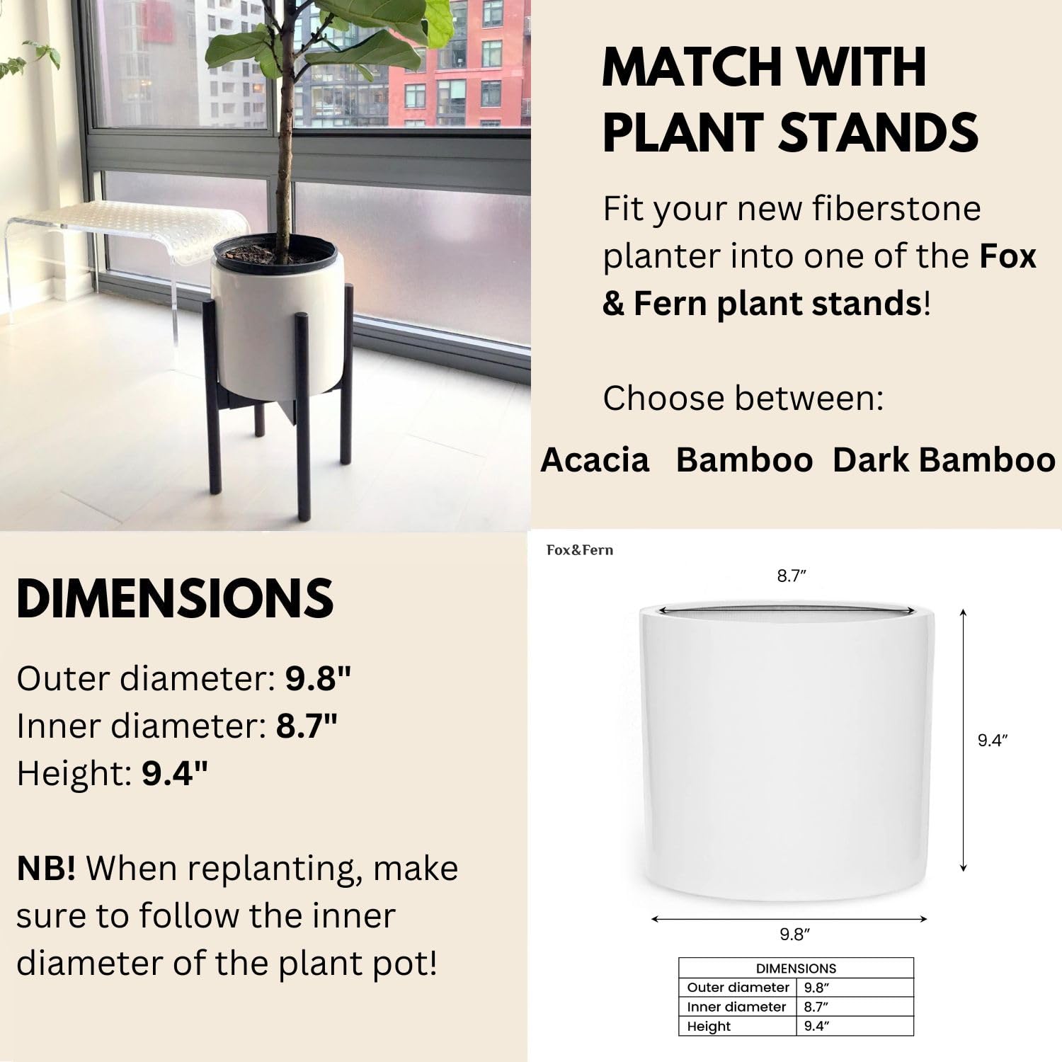 Fox & Fern 10 Inch Plant Pot with Drainage Hole — Premium Lightweight Fiberstone Glossy White Planter for Indoor & Outdoor Plants | Weatherproof & UV Resistant Flower Pot | Perfect for Home Decor, Garden, Patio, and Office Plants