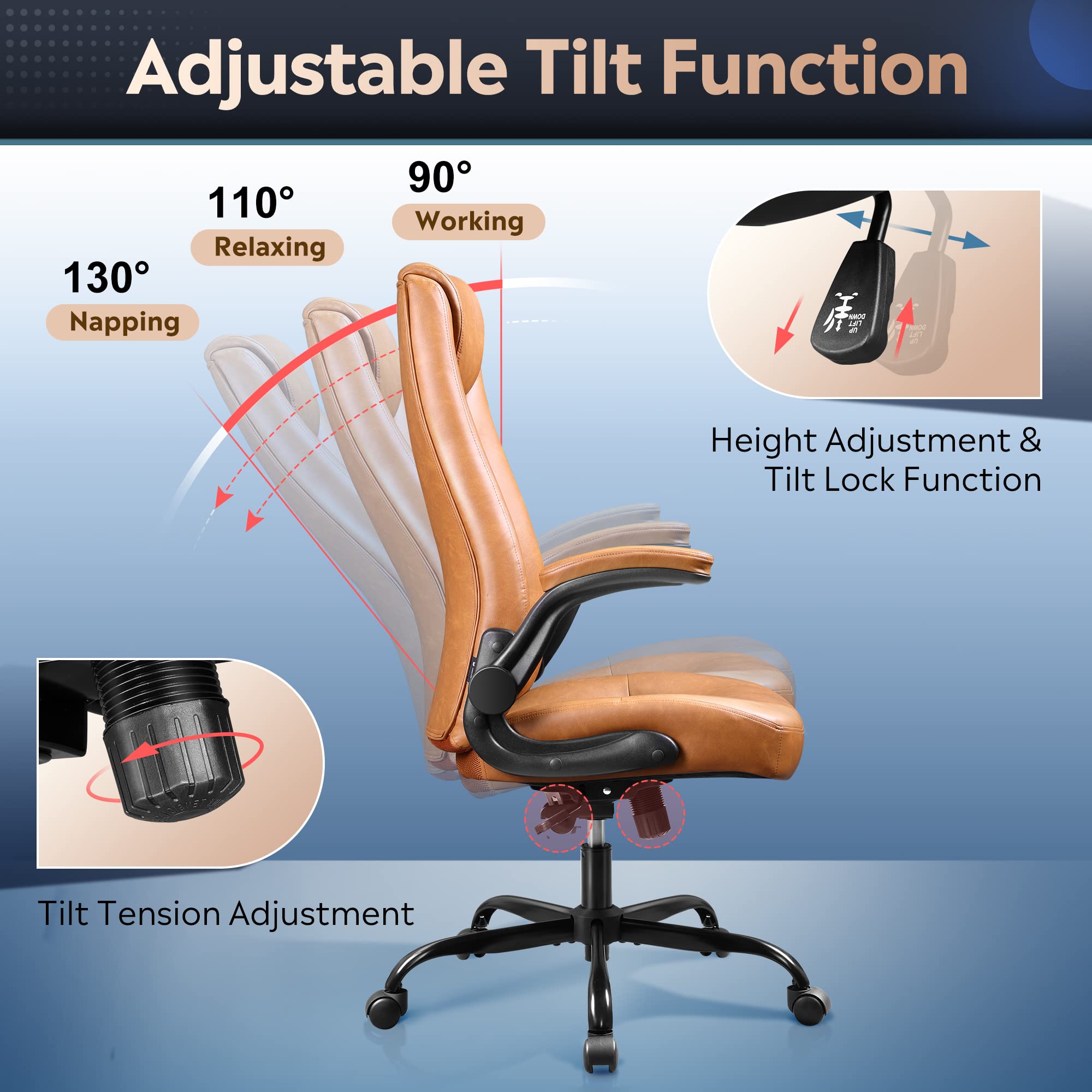 DEVAISE Ergonomic Office Chair - High Back Computer Desk Chair with Adjustable Flip-up Armrests, Lumbar Support & Thick Headrest - Executive Swivel Task Chair for Home & Office (Brown) - Perfect for Long Work Hours, Gaming & Remote Work