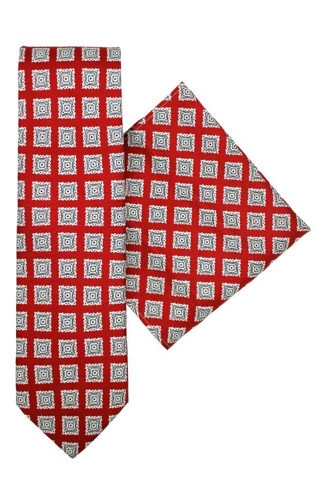 Luxury L A Smith Red Foulard Silk Tie and Pocket Square Set - Elegant Necktie & Handkerchief Combo for Weddings, Business Meetings & Formal Events