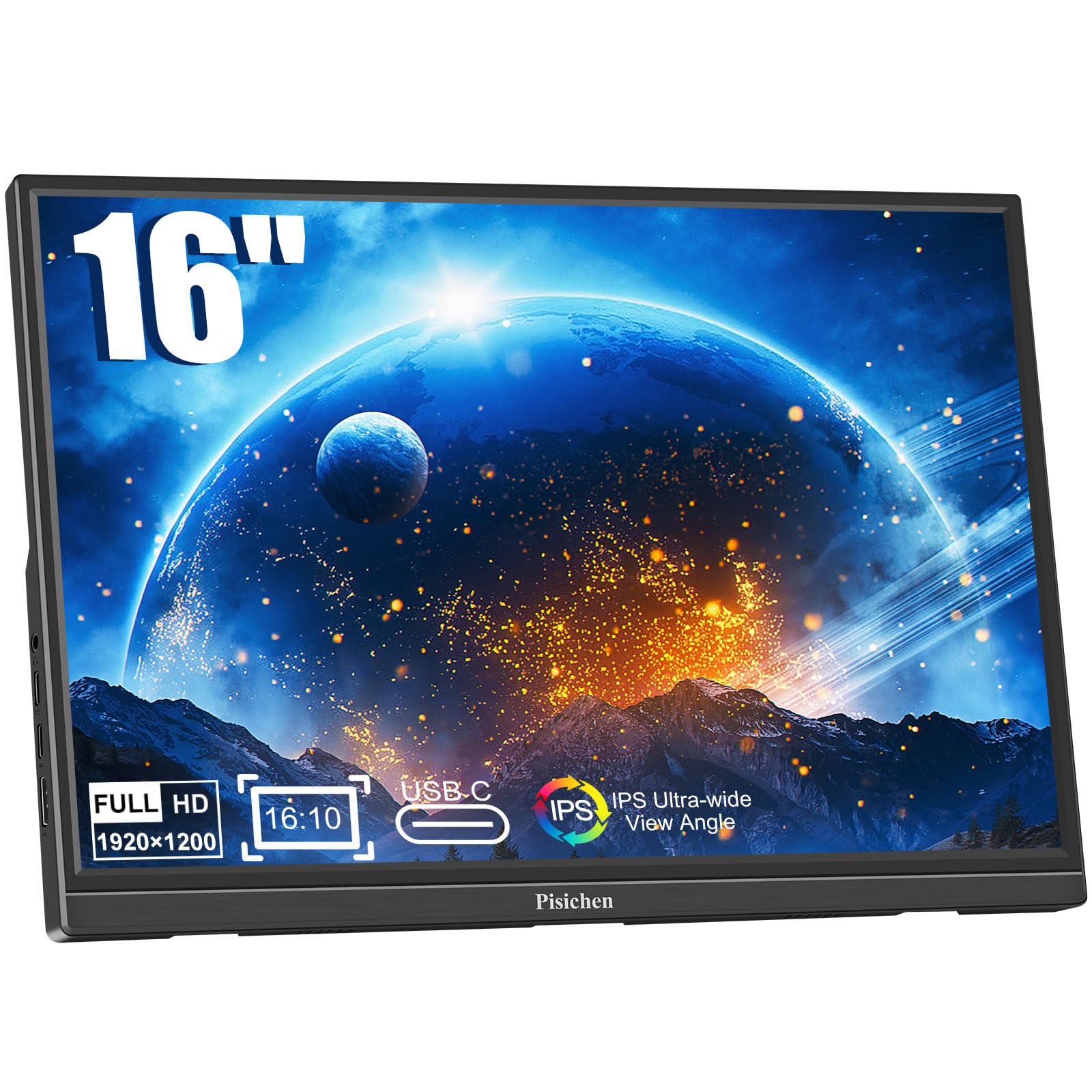 16 Inch Portable FHD Monitor 1920x1200 IPS Display with HDR, USB-C & HDMI Connectivity - Plug & Play External Screen for Laptop, PC, Gaming (PS4/Xbox/Switch), Smartphone & Raspberry Pi - Perfect for Travel, Work & Mobile Entertainment