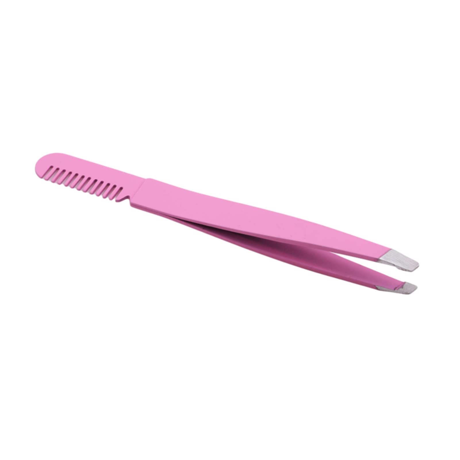 Stainless Steel Slanted Tweezers for Eyebrow Shaping & Hair Removal - Precision Makeup Tool with Eyebrow Comb - Perfect for Grooming, Beauty & Travel (Pink)