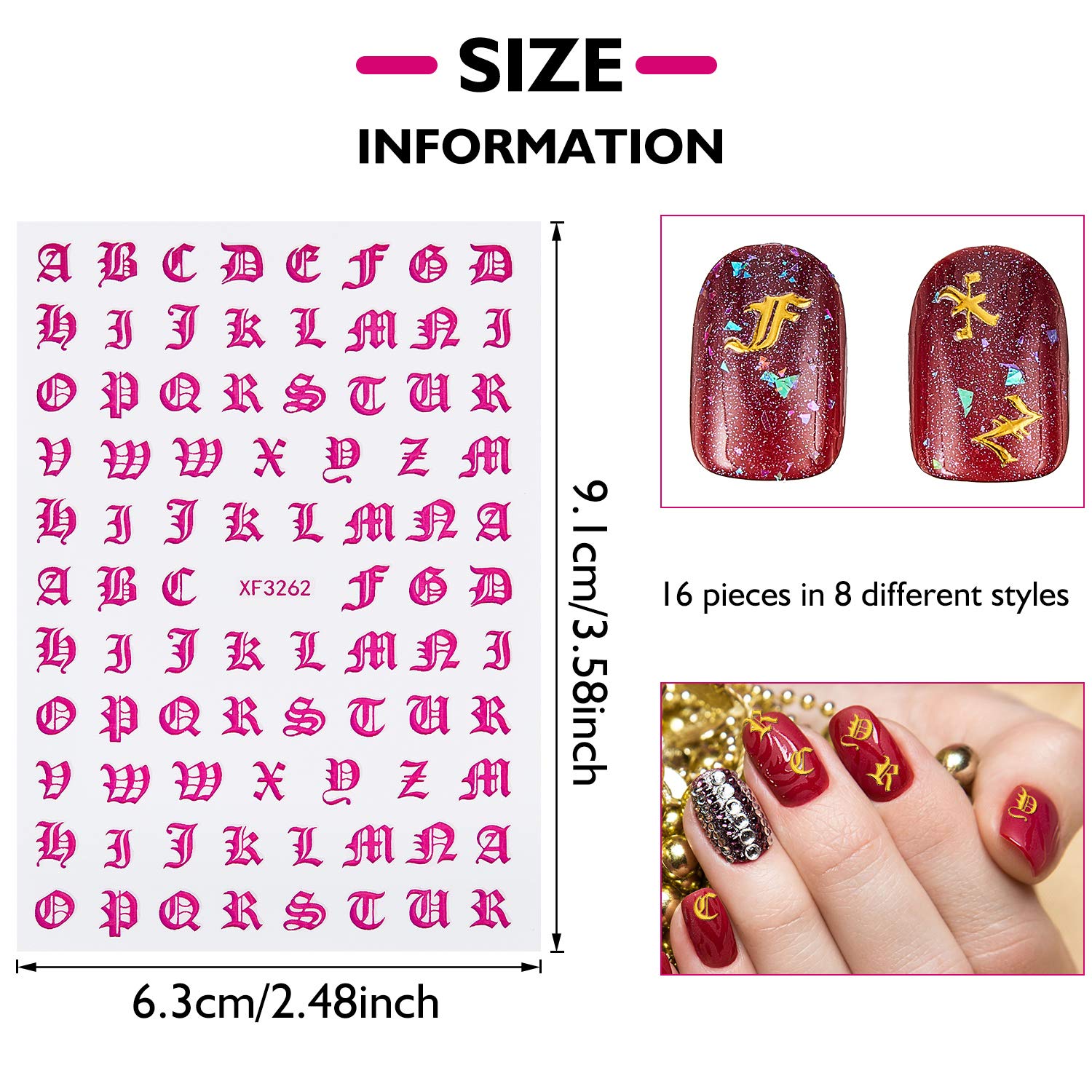 32 Sheets Holographic Letter Nail Art Stickers - Old English Alphabet Nail Decals with Gummed Adhesive for Women & Girls - DIY Salon & Home Nail Decoration (8 Styles) - Perfect for Parties, Weddings, and Special Occasions
