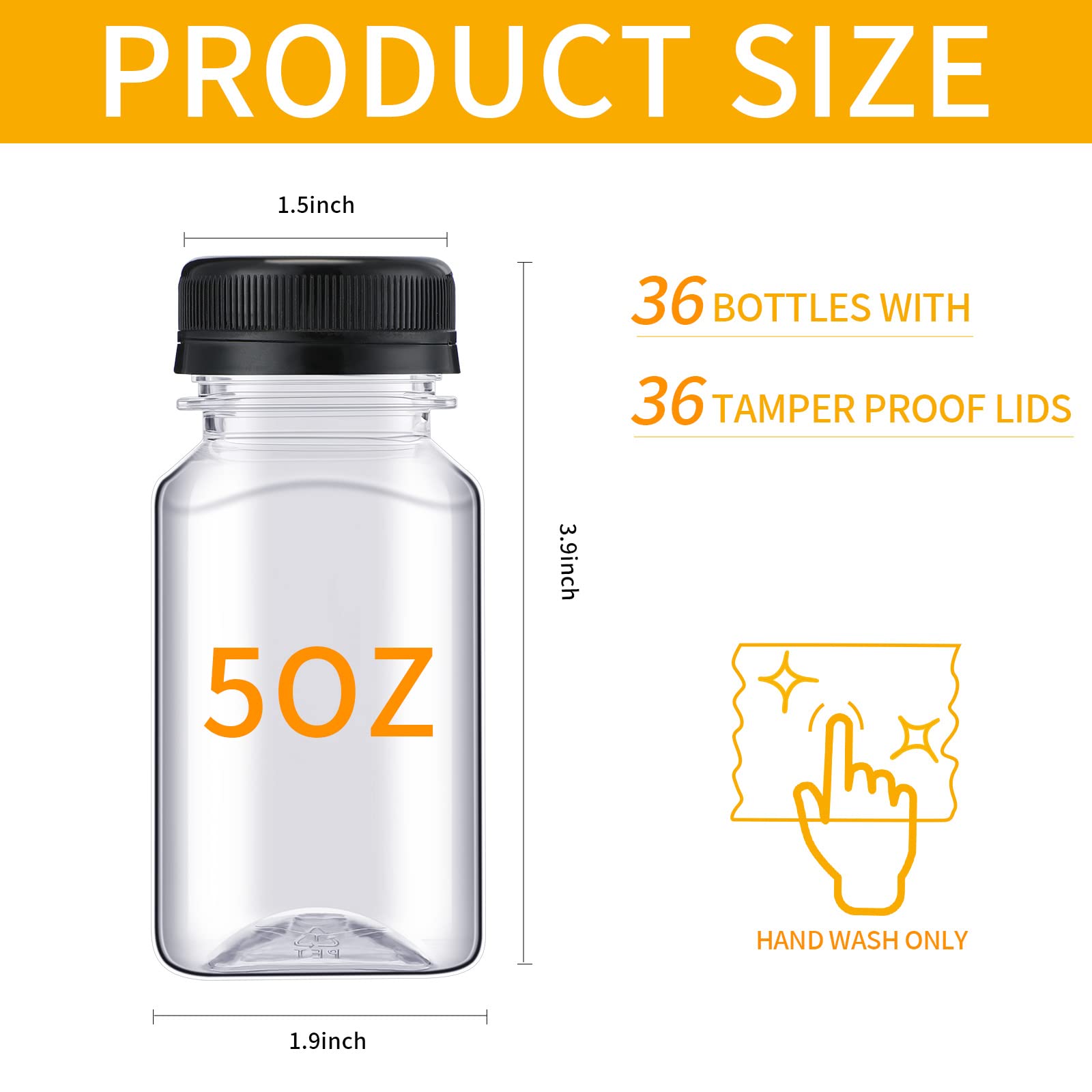 36 Pack 5 oz Plastic Juice Bottles with Lids - Reusable Clear Drink Containers for Juicing, Milk, Water & Beverages | Includes Funnel & Cleaning Brush (Black Caps) - Perfect for Home, Cafes & Meal Prep