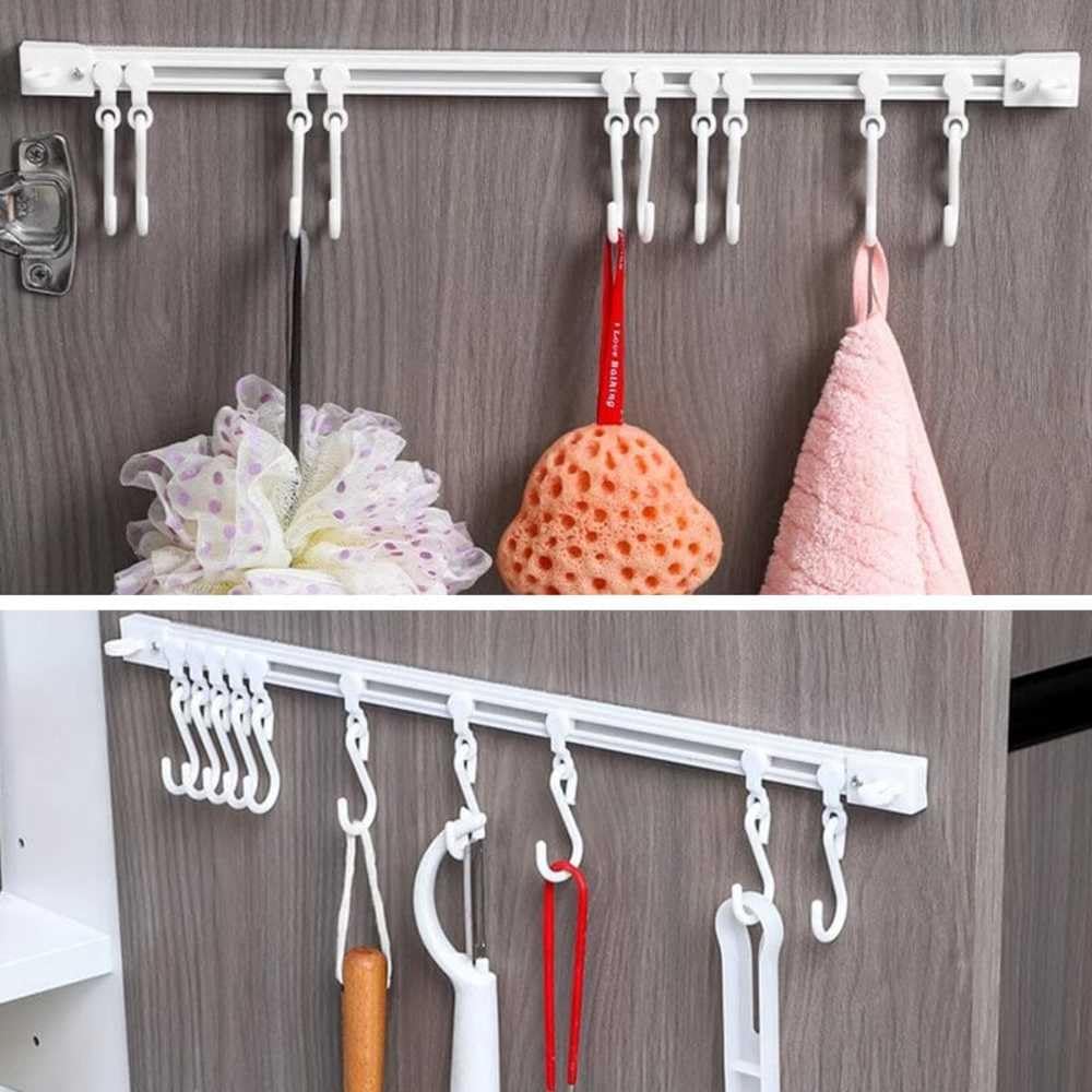 10-Pack Multifunctional Slide Rail Hooks - No Drill Adhesive Wall Hooks for Kitchen, Bathroom & Bedroom - Space Saving Utensil Rack (30cm/11.8in) - Perfect for Organizing Sponges, Towels & Cooking Tools