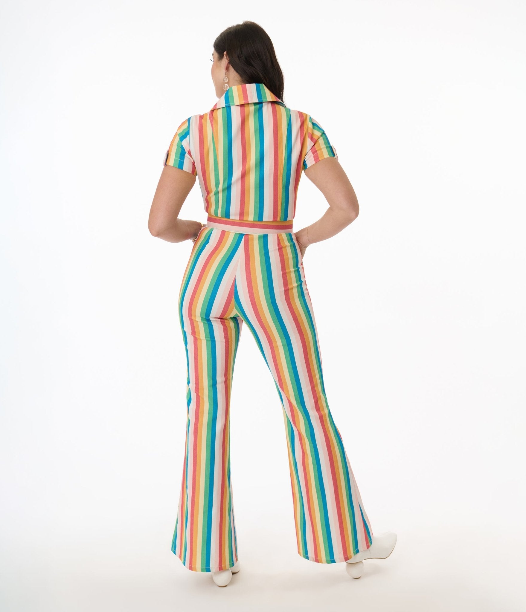 Smak Parlour Retro Rainbow Stripe Flare Jumpsuit for Women - 70s Vintage Inspired Bell Bottom Romper - Perfect for Music Festivals, Parties & Boho Fashion
