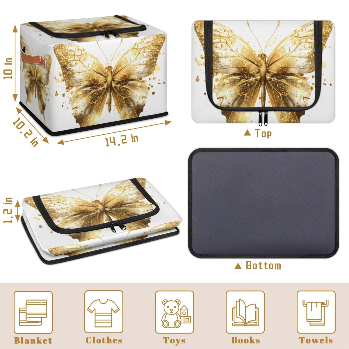 Gold Butterfly Storage Boxes with Sturdy Handles & Zipper Lid - 2 Pack Organizer Bins for Clothing, Toys, and Home Organization | Perfect for Bedroom, Closet, and Kids Room Storage