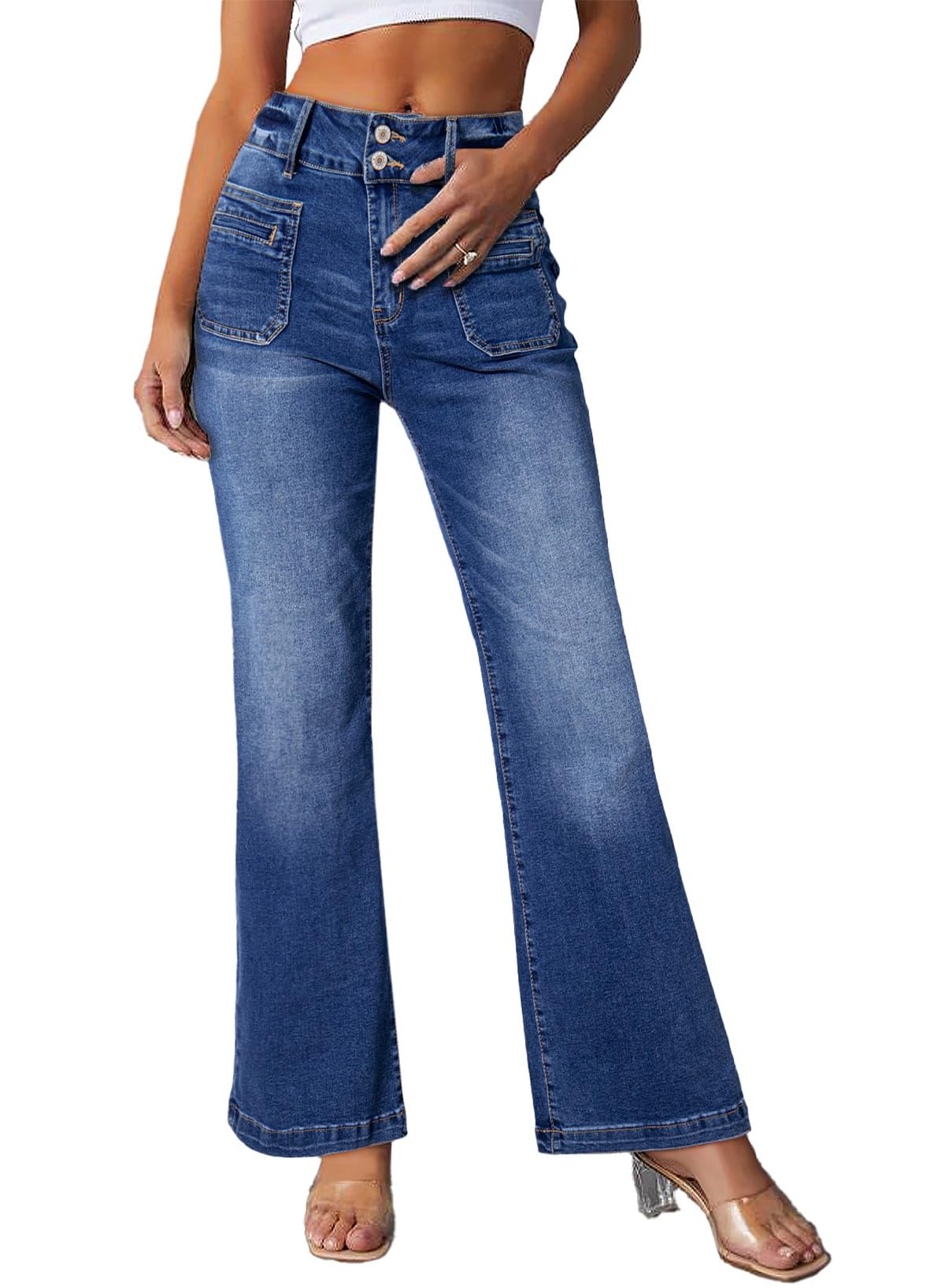 Sidefeel Women's High Waisted Wide Leg Jeans - Tummy Control Stretchy Denim Pants with Front Pockets & Zipper | Casual Comfort for Work, Travel & Everyday Wear