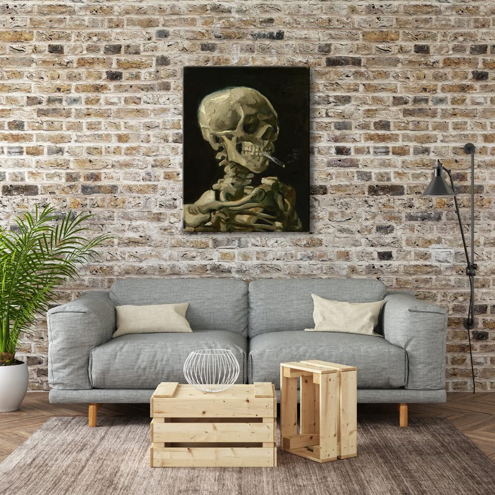 Vincent Van Gogh Skull with Burning Cigarette Canvas Wall Art - Large 1886 Post-Impressionist Skeleton Painting - Home & Office Decor for Living Room, Bedroom, Study