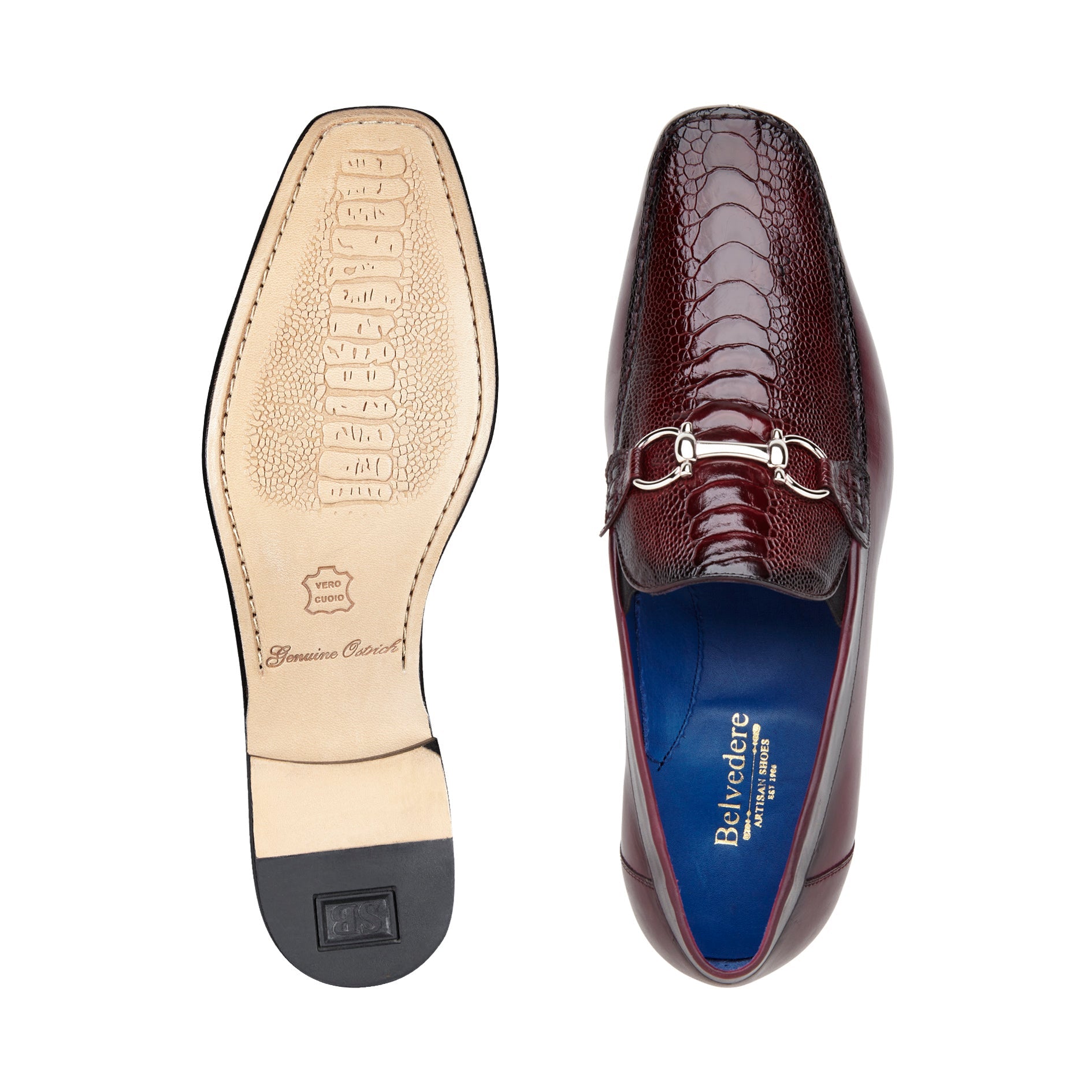 Belvedere Bruno Genuine Ostrich Leg & Italian Calfskin Loafers - Dark Burgundy Dress Shoes (Style 1026) | Premium Men's Business Casual Footwear for Office, Weddings & Formal Events