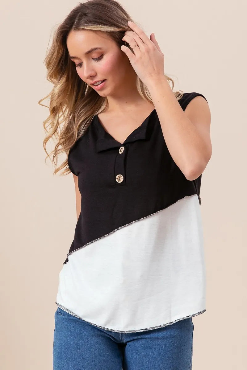Stylish BiBi Color Block Contrast Stitching Buttoned Henley Top for Women | Trendy Casual & Workwear Blouse | Perfect for Office, Dating & Weekend Outfits