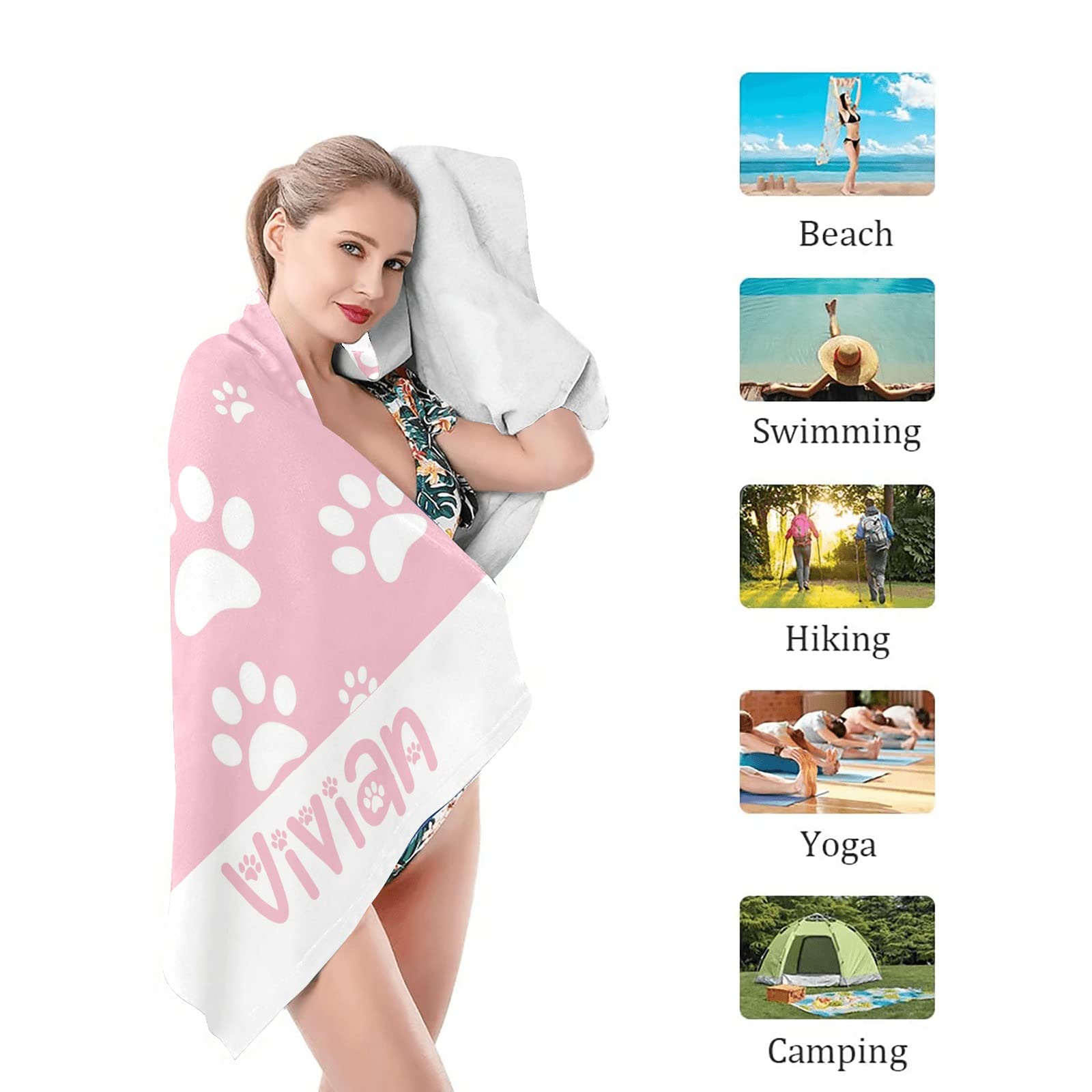 Custom Personalized Pink Dog Paw Print Beach Towels with Name - Super Absorbent 30x60 Inch Bath Towel for Adults & Kids - Perfect for Beach, Pool, Spa, and Birthday Gifts