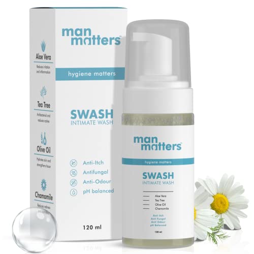 Man Matters Intimate Wash for Men - pH Balanced Antibacterial & Antifungal Formula with Aloe Vera & Tea Tree Oil (120ml) | Prevents Itching, Odor & Irritation | Ideal for Post-Workout, Travel & Daily Hygiene