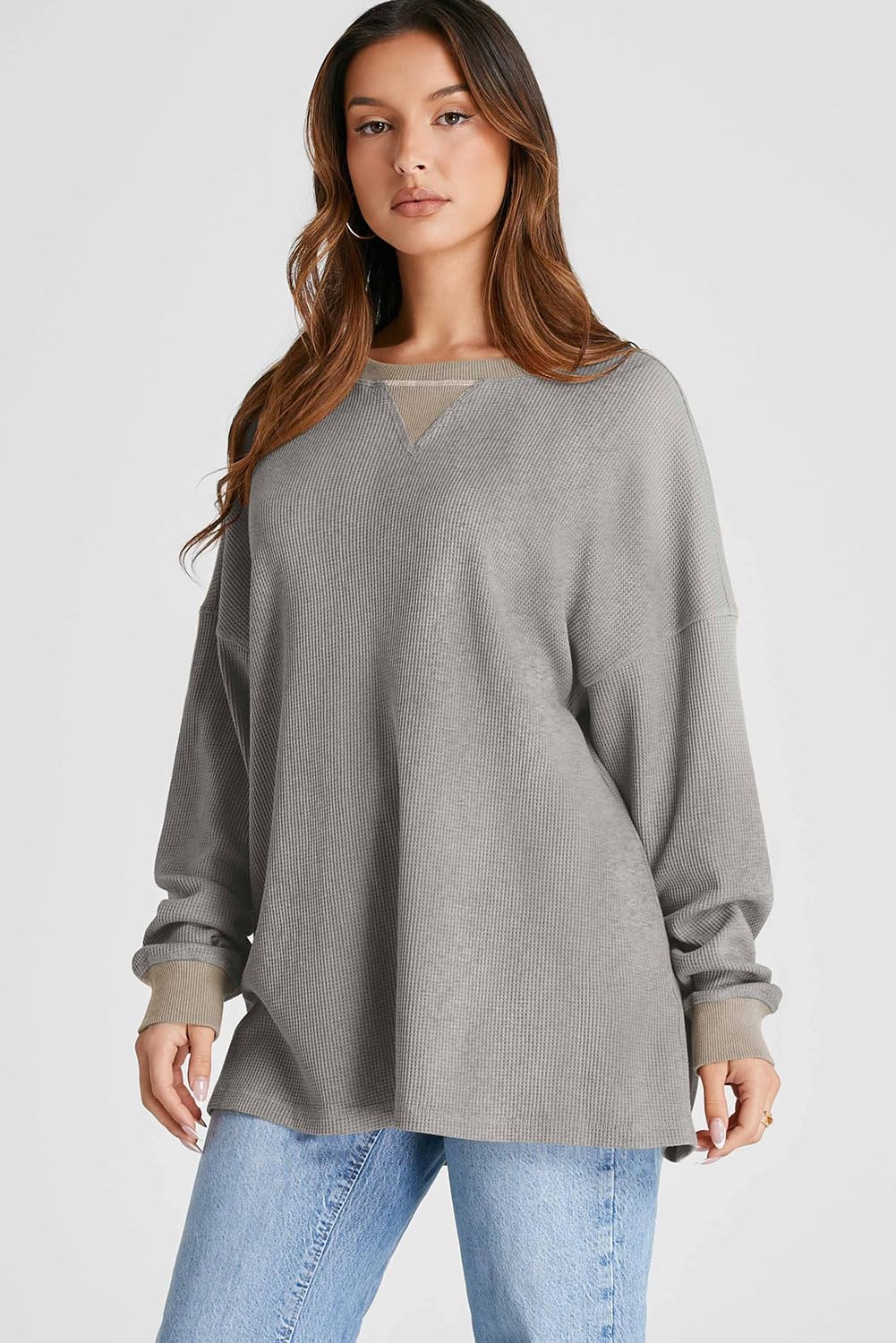 AlvaQ Women's Oversized Sweatshirt 2024 - Soft Waffle Knit Pullover, Long Sleeve Crewneck Jumper for Casual Wear | Cozy Fall Outfits, Lounge Wear & Street Style Fashion