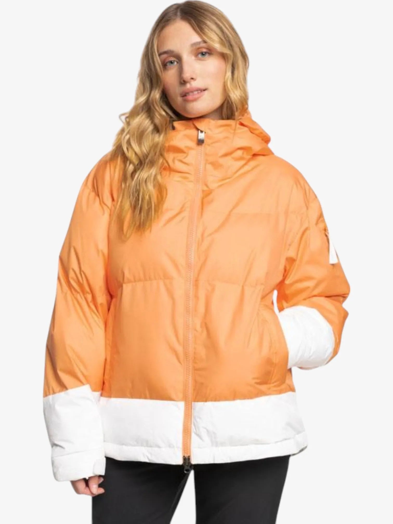 Roxy Chloe Kim Puffy Jacket - Women's Winter Snow Coat in Orange & White - Perfect for Skiing, Snowboarding & Cold Weather Adventures