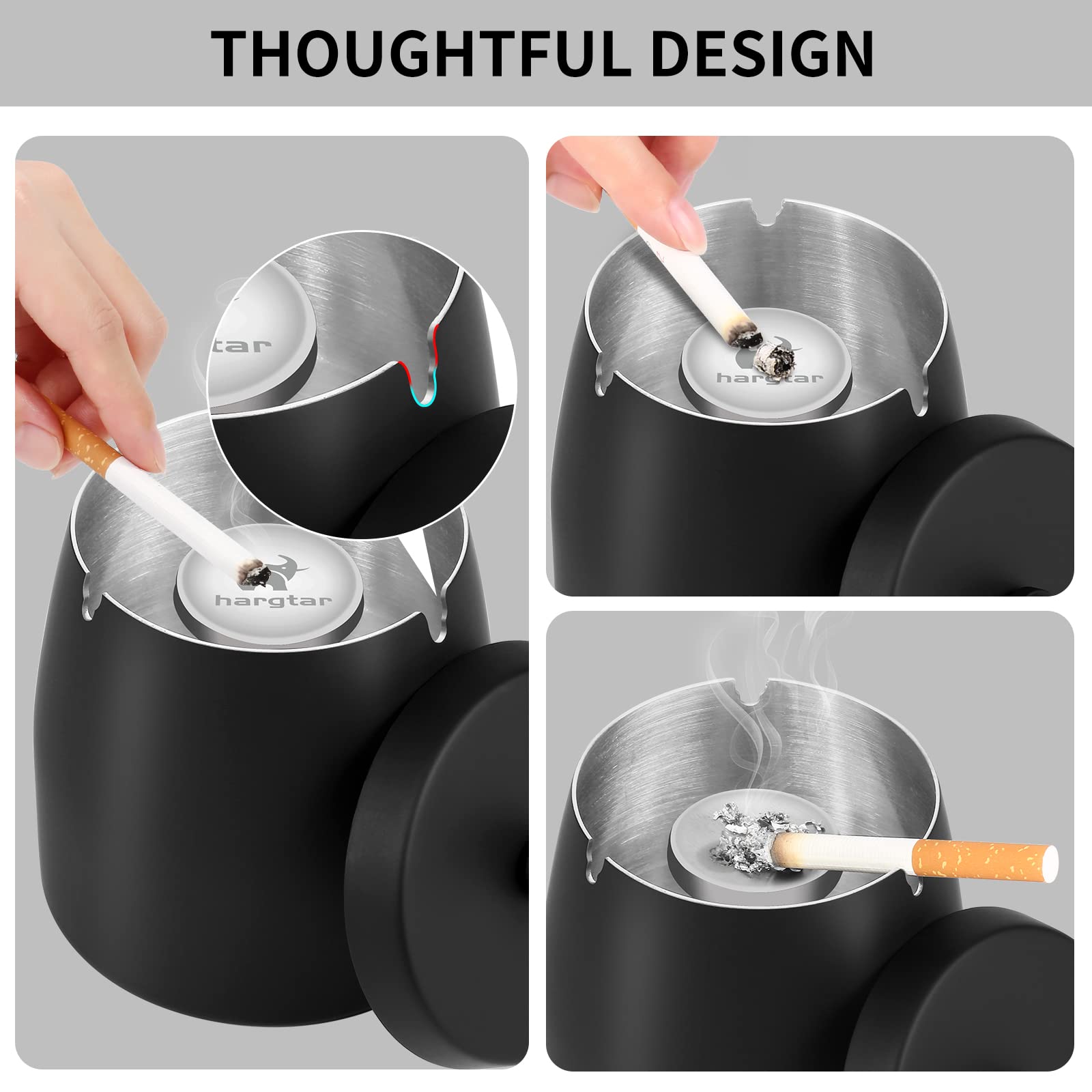 Windproof Metal Ashtray with Lid - Small Black Outdoor Cigarette Ashtray for Patio, Garden, Balcony & Camping Use