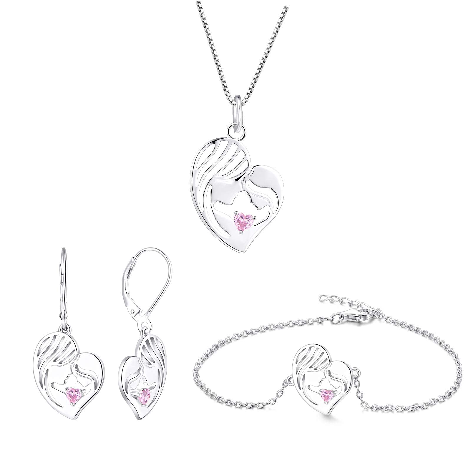 YL Mother and Daughter Necklace Set - 925 Sterling Silver Heart Pendant with Pink Tourmaline Bracelet & Dangle Earrings - Perfect Gift for Moms, Birthdays, Anniversaries & Mother's Day - Jewelry for Special Bonding Moments