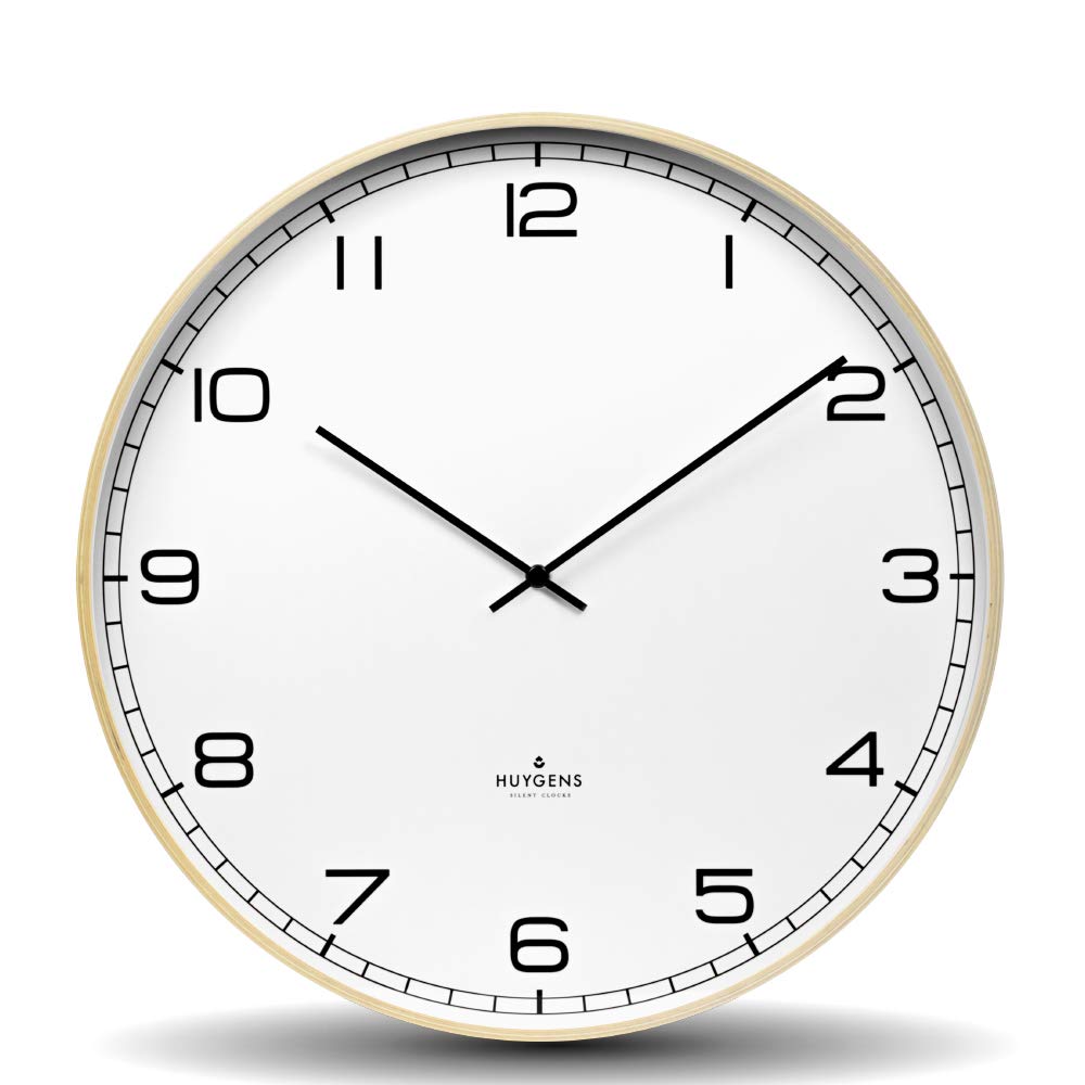 Huygens Wood 45 Inch Large Wall Clock - Modern White Wooden Clock for Living Room, Bedroom, Office Decor | Silent Non-Ticking, Battery Operated, Easy to Read Roman Numerals | Perfect Home & Office Decoration Gift