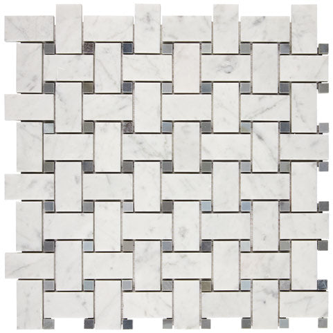 Carrara White Gioia Marble Basketweave Blue Mosaic Tile - Premium Natural Stone Wall & Floor Decor for Bathroom, Kitchen Backsplash, and Fireplace Surround