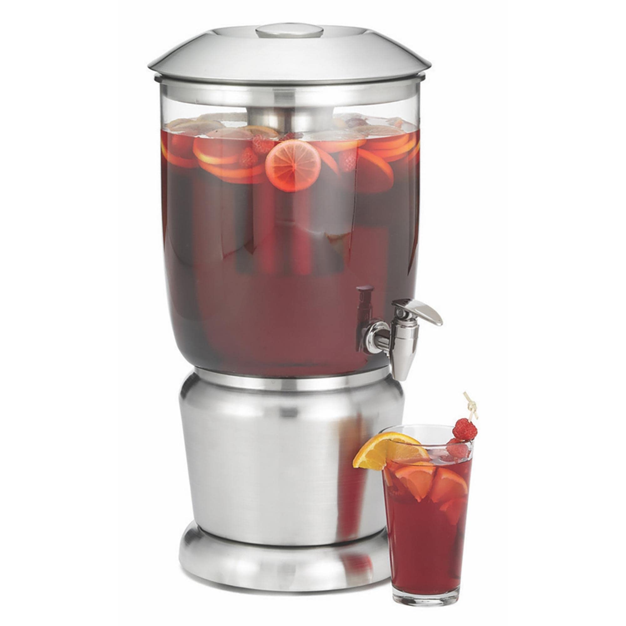 Premium TableCraft 75 2.5 Gallon Drink Dispenser with Fruit Infuser & Stand - Tritan BPA-Free Plastic & Brushed Stainless Steel - Cold Beverage Server for Parties, Weddings, Catering & Home Use - Perfect for Lemonade, Iced Tea & Infused Water
