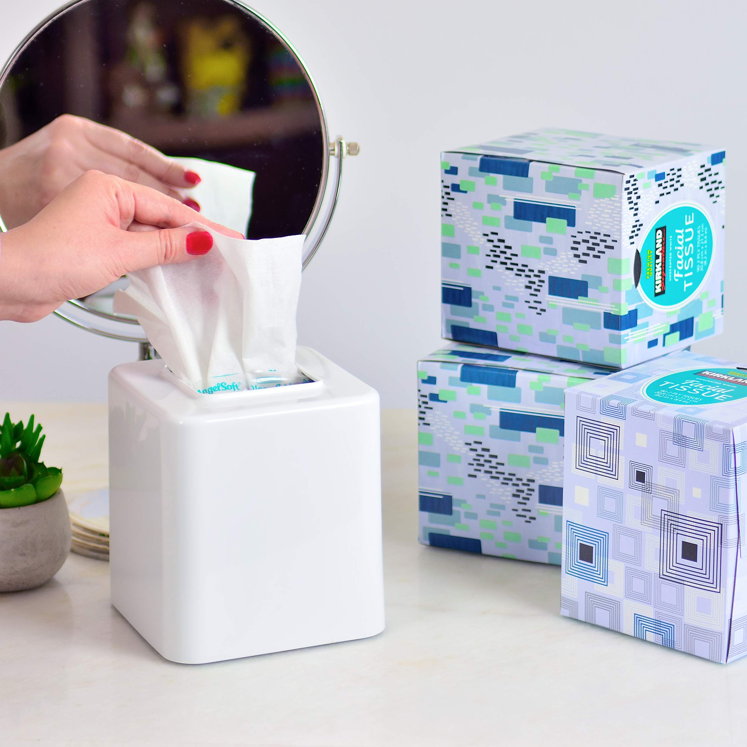 Youngever 2 Pack White Plastic Square Tissue Box Covers & Napkin Holders - Decorative Bathroom & Kitchen Tissue Box Organizer for Home Office Decor