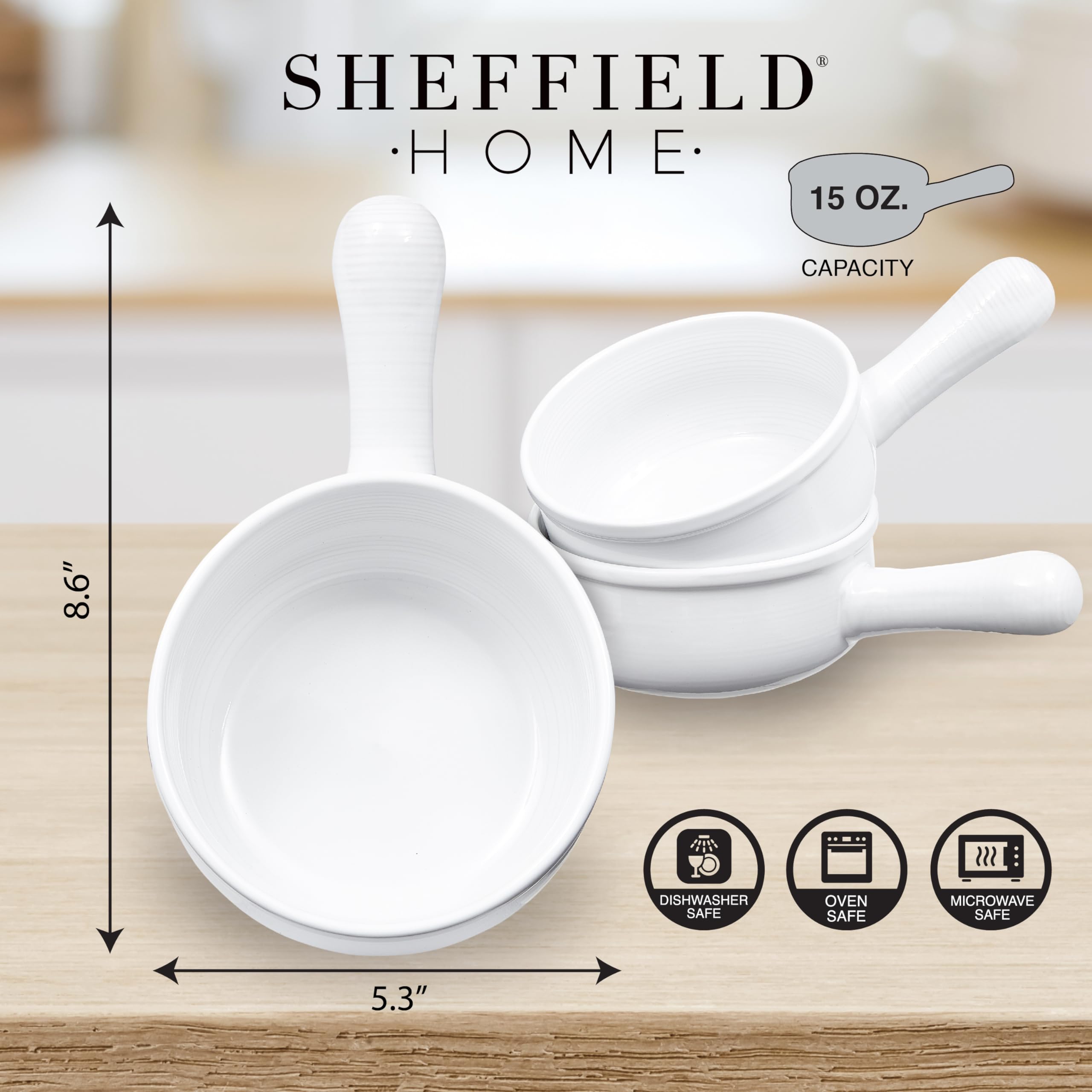 Sheffield Home French Onion Soup Crocks Set of 4 - 15oz Ceramic Bowls with Large Handles, Microwave, Oven & Dishwasher Safe - White - Perfect for French Onion Soup, Stews, Chili & Baking