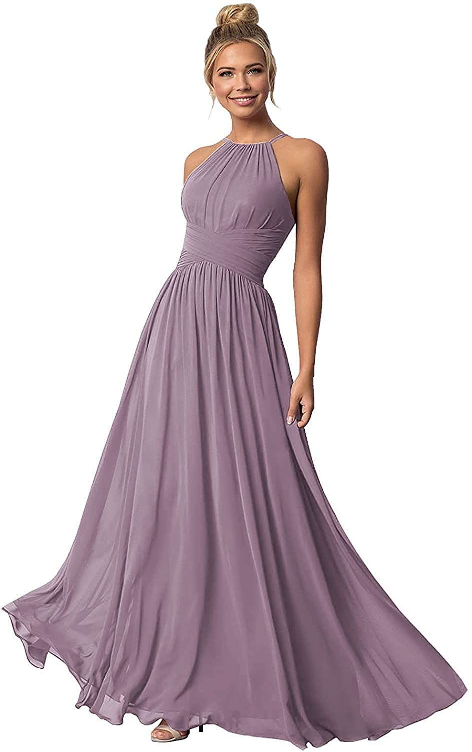 Elegant Long Chiffon Halter Bridesmaid Dress - A-Line Formal Evening Gown for Women | Perfect for Weddings, Proms & Special Occasions